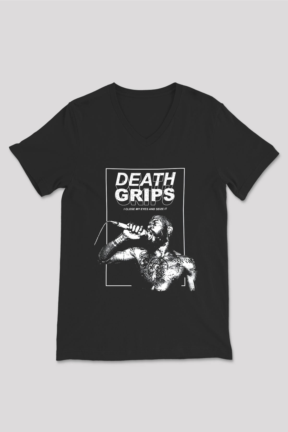 Death Grips Baskılı Unisex Siyah V Yaka Tişört - Tshirt