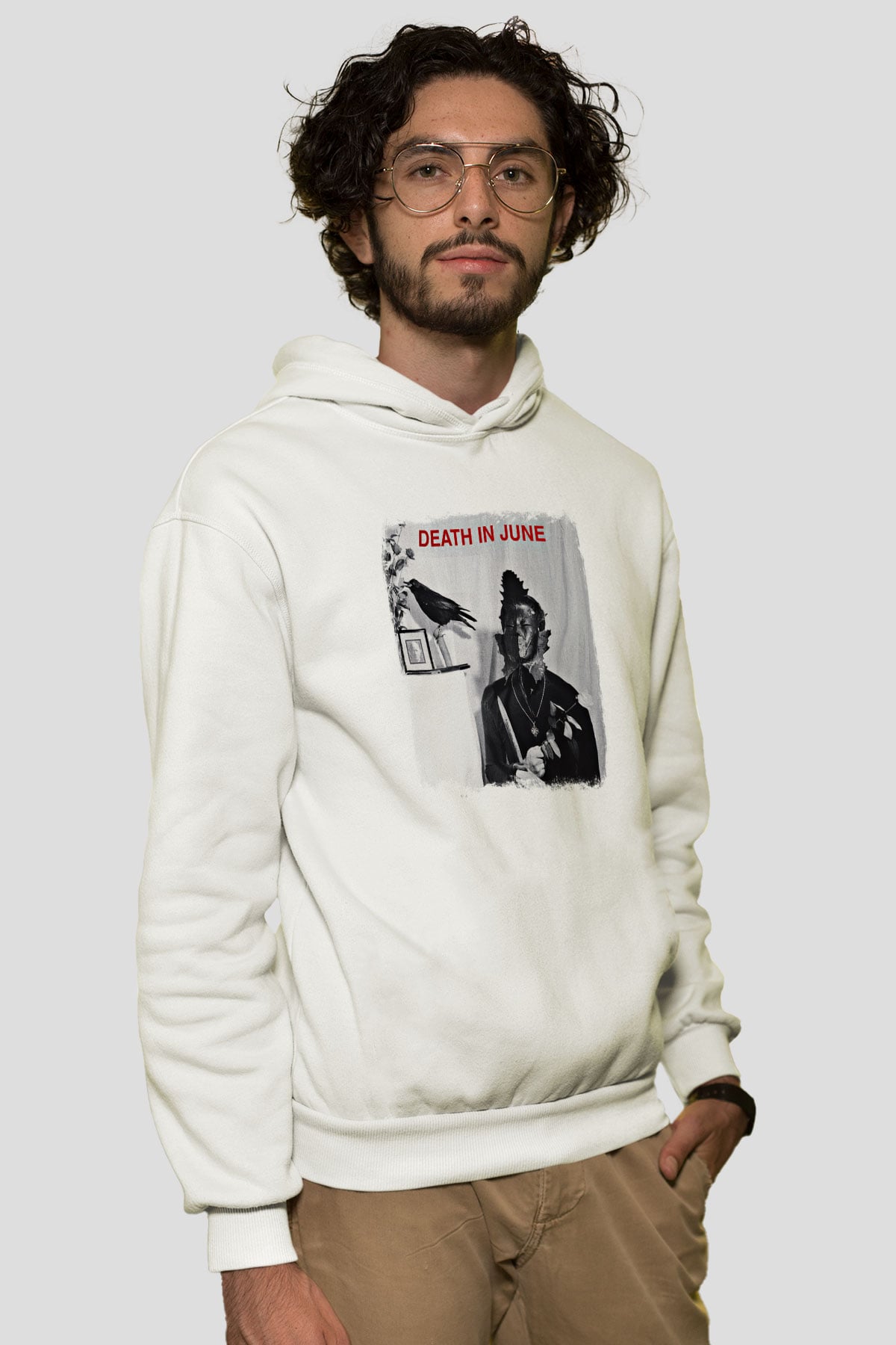 Death in June Baskılı Unisex Beyaz Hoodie