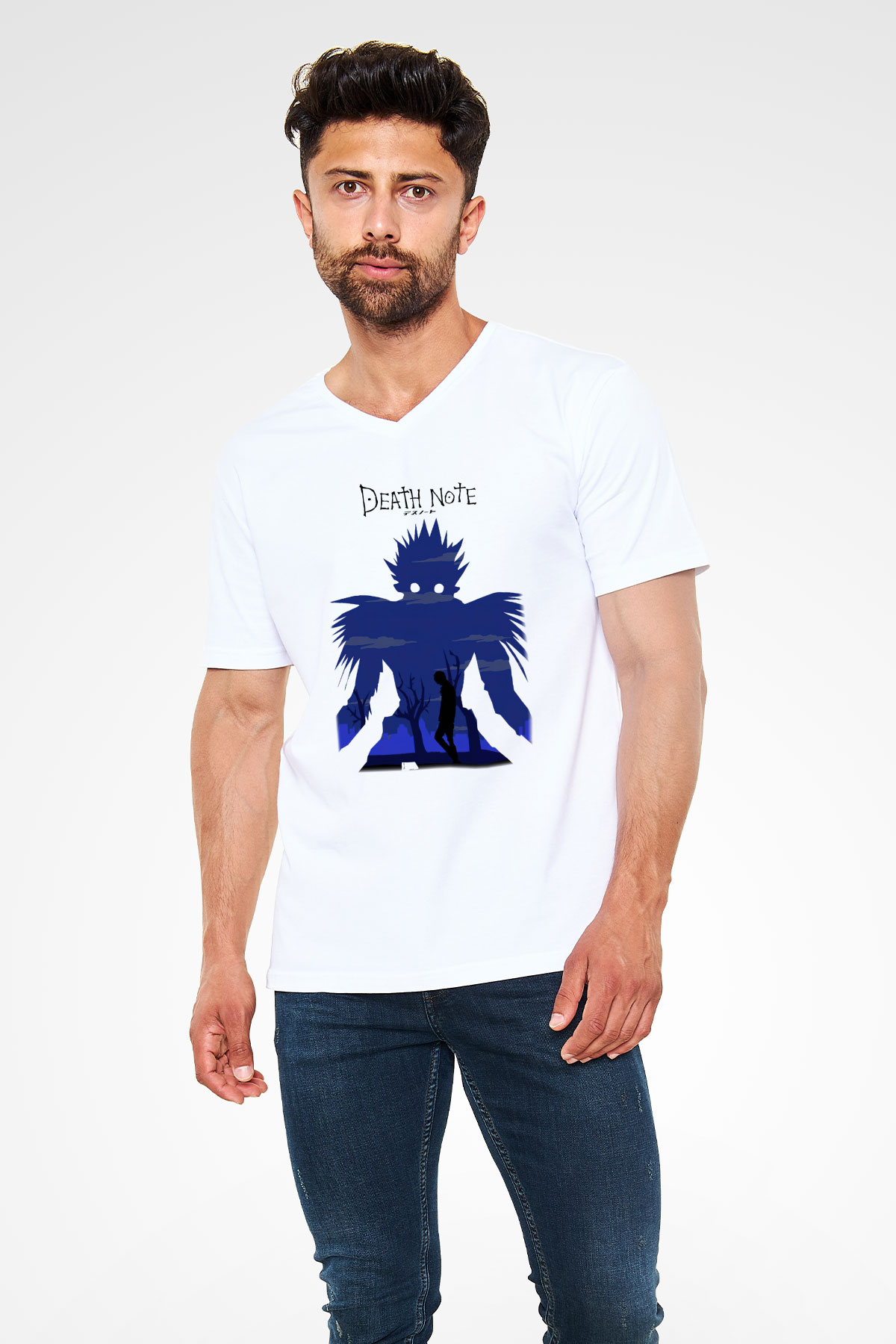 Death Note Beyaz Unisex V Yaka Tişört T-Shirt