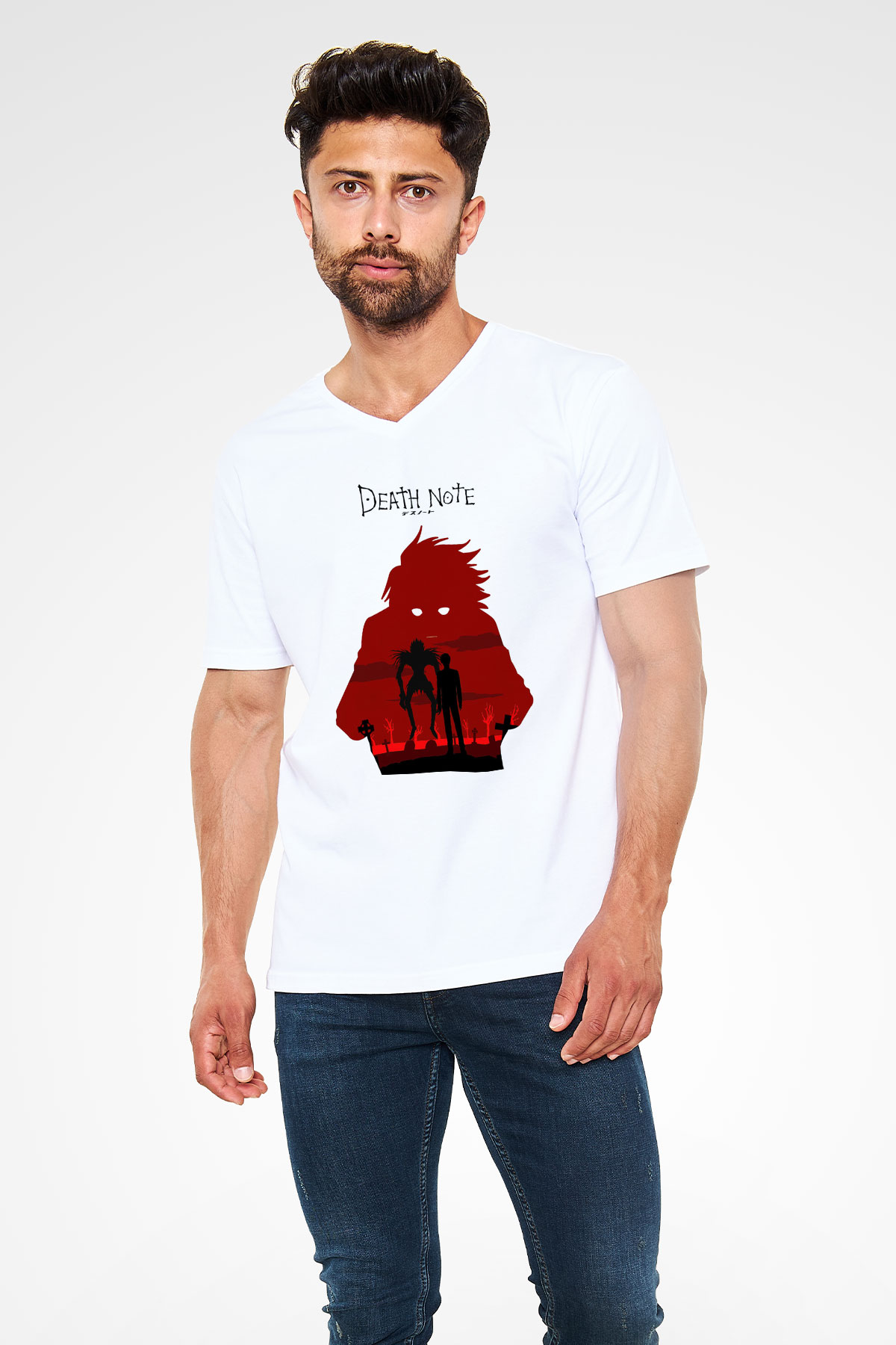 Death Note Beyaz Unisex V Yaka Tişört T-Shirt