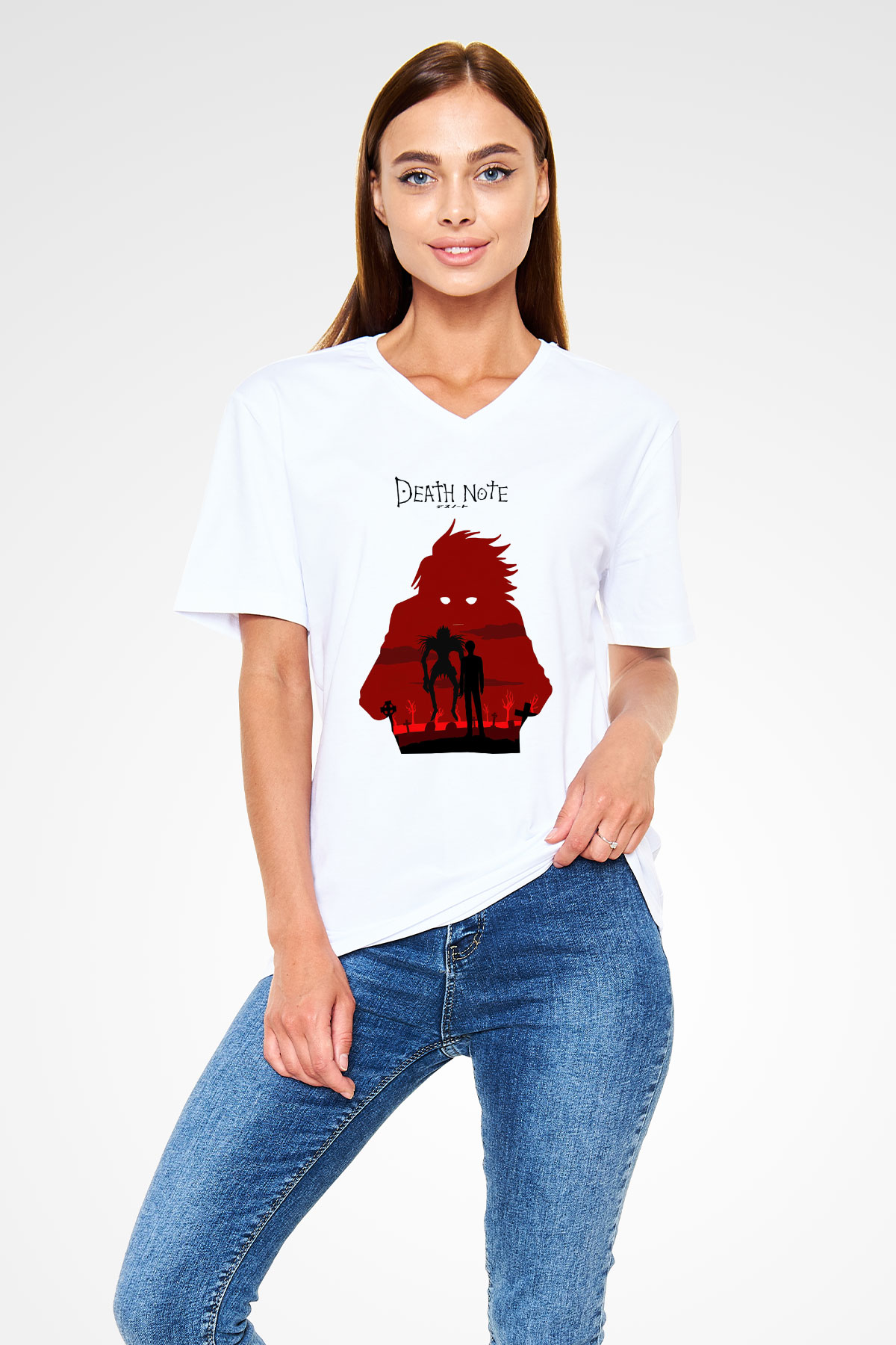 Death Note Beyaz Unisex V Yaka Tişört T-Shirt