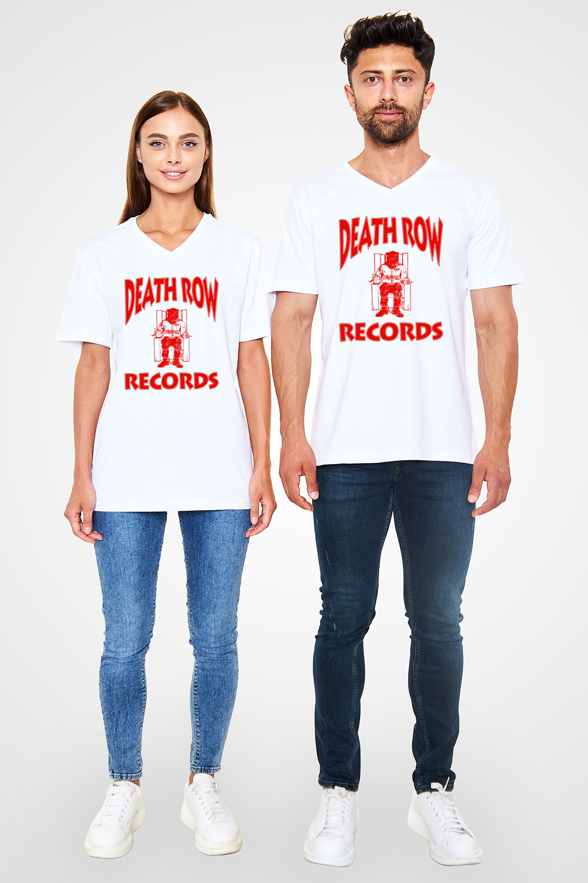 Death Row Records Beyaz Unisex V Yaka Tişört T-Shirt