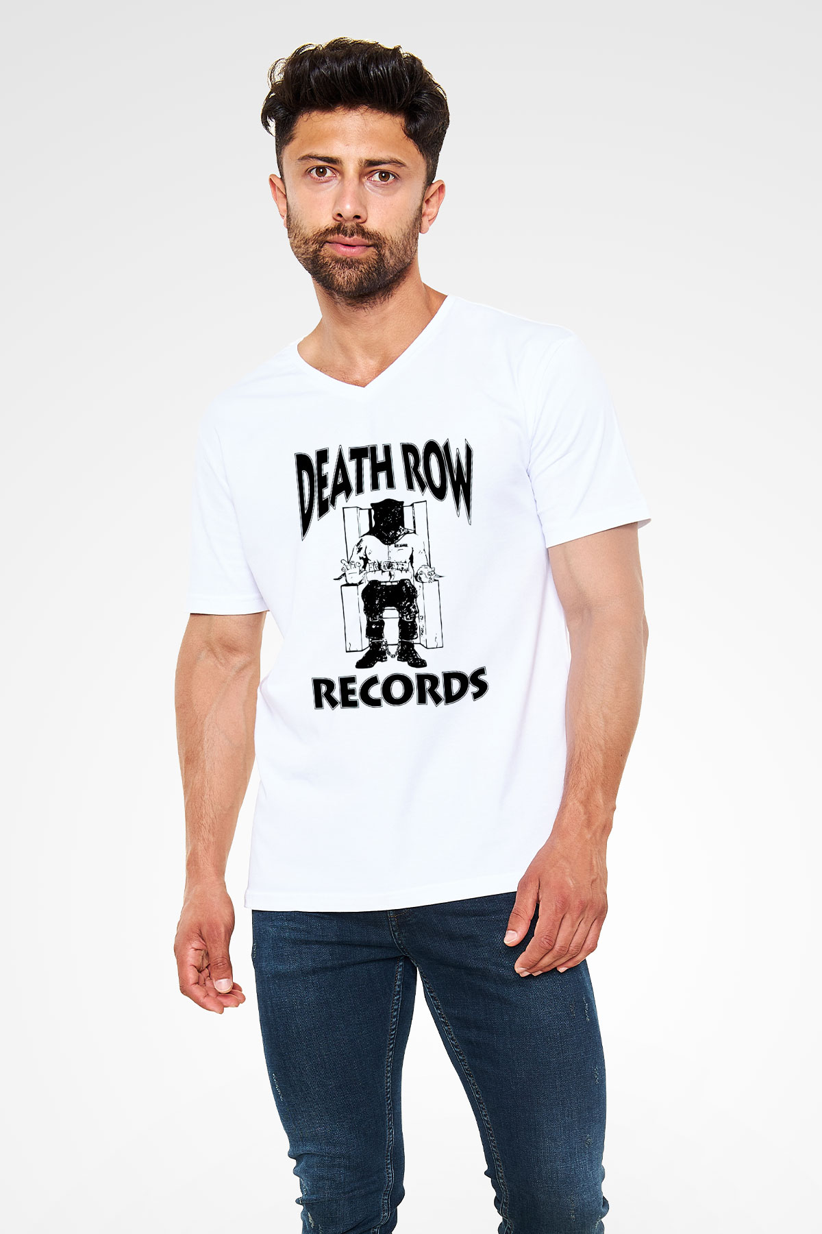 Death Row Records Beyaz Unisex V Yaka Tişört