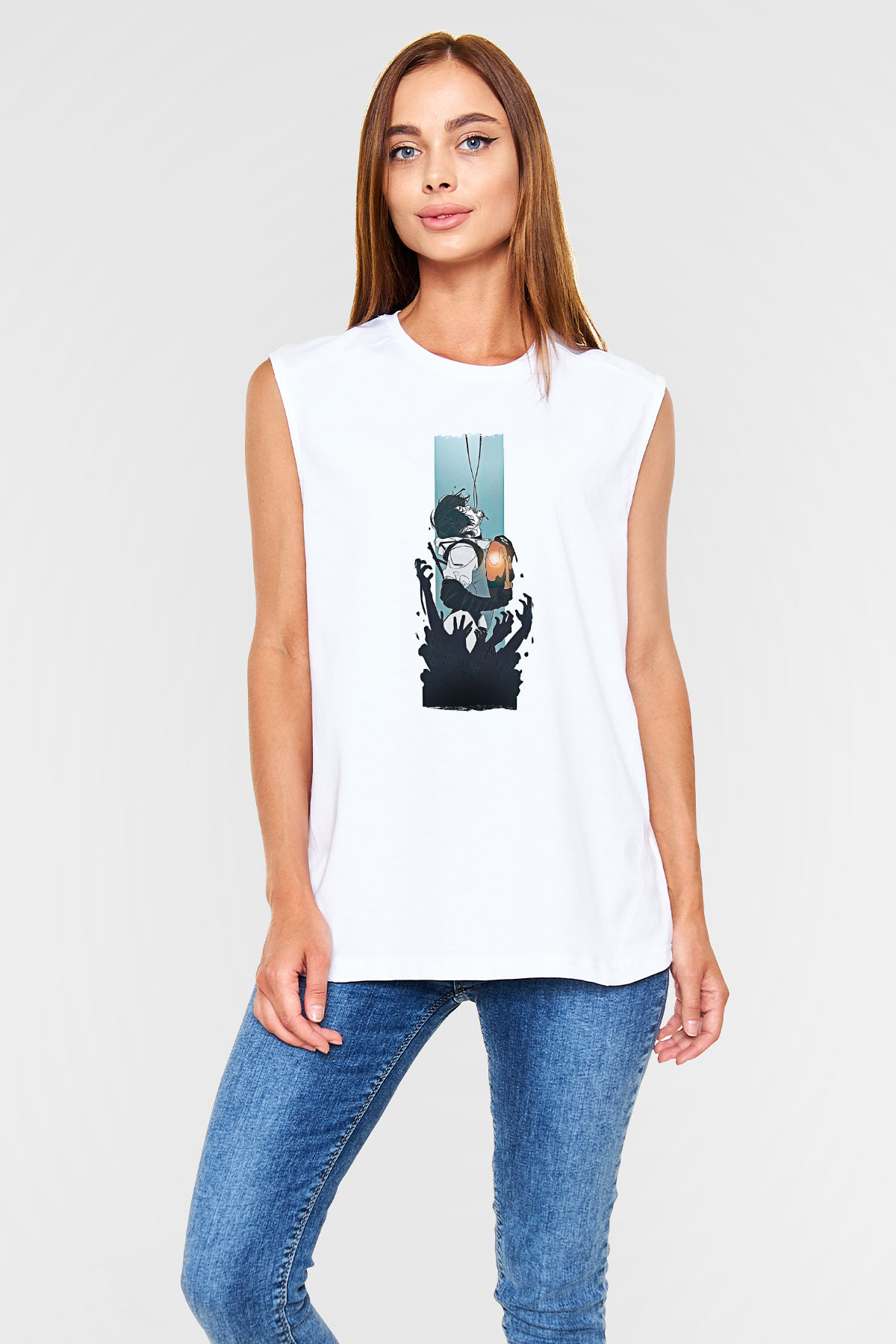Death Stranding Baskılı Beyaz Unisex Kolsuz Tişört - Tshirt