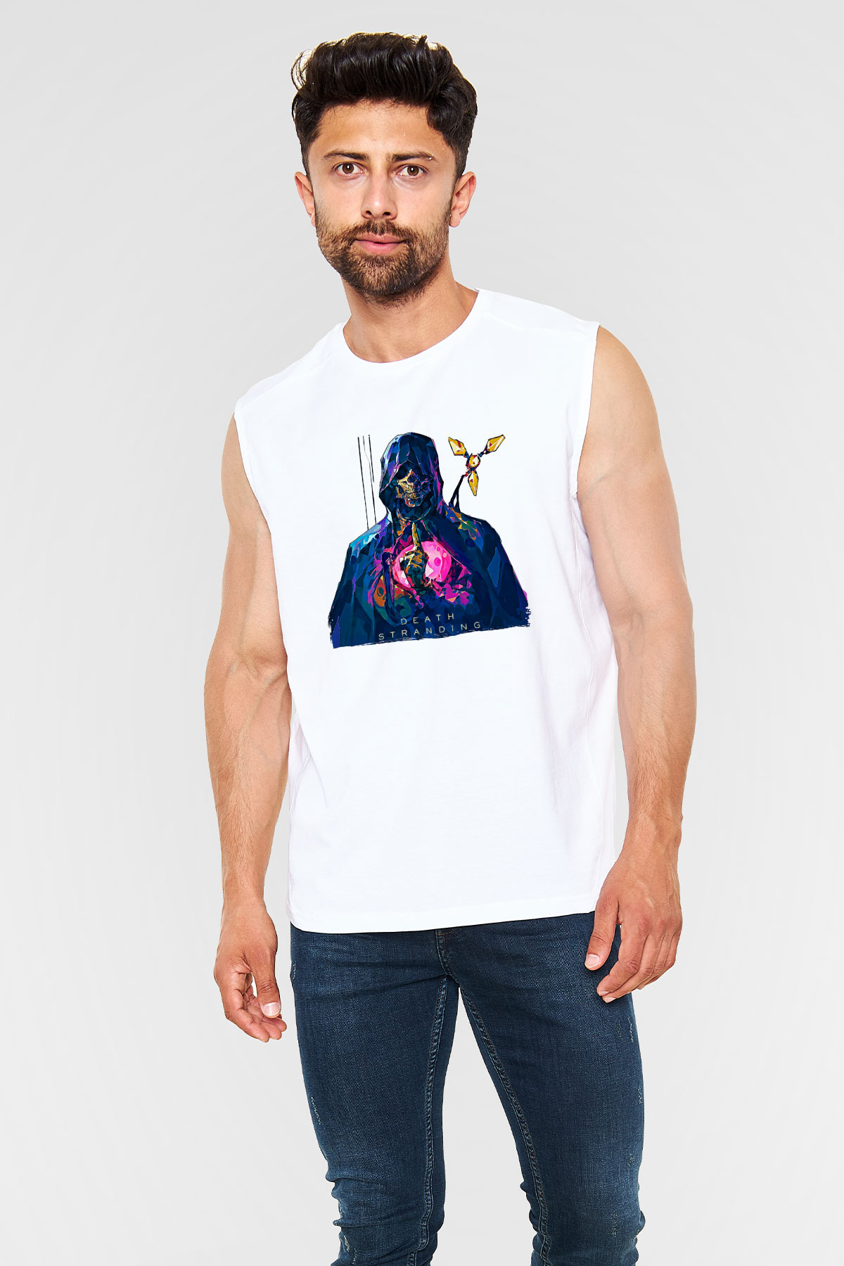 Death Stranding Baskılı Beyaz Unisex Kolsuz Tişört - Tshirt