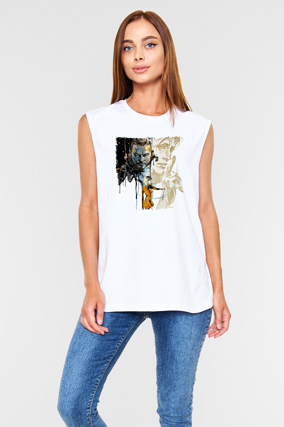 Death Stranding Baskılı Beyaz Unisex Kolsuz Tişört - Tshirt