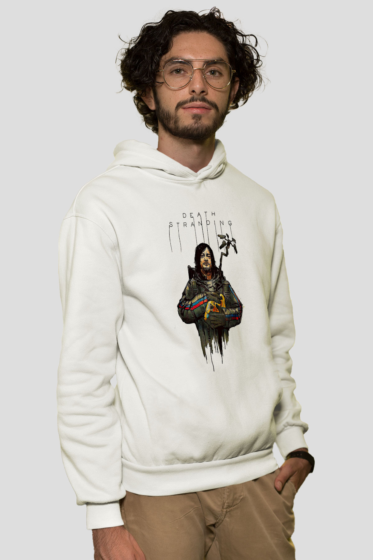 Death Stranding Baskılı Beyaz Unisex Kapüşonlu Sweatshirt