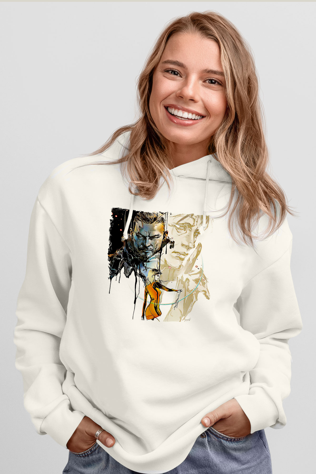 Death Stranding Baskılı Beyaz Unisex Kapüşonlu Sweatshirt