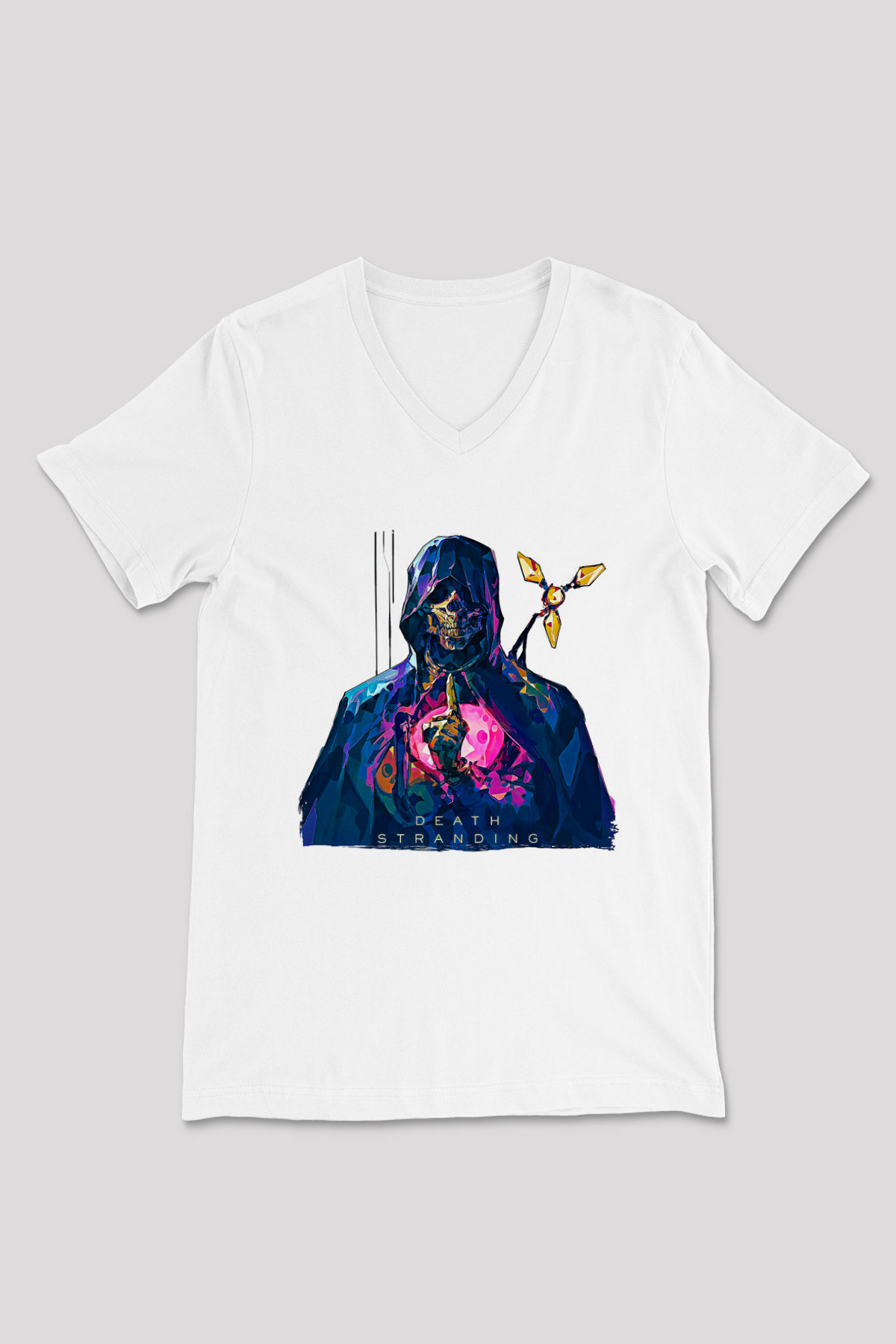 Death Stranding Baskılı Beyaz Unisex V Yaka Tişört - Tshirt