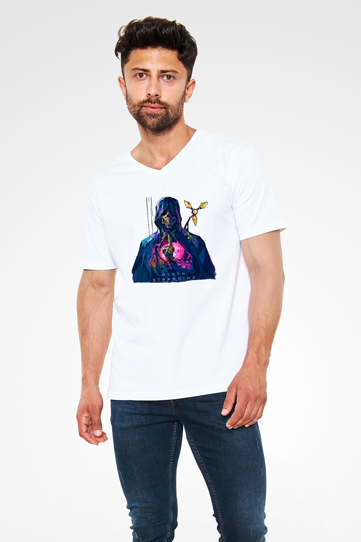 Death Stranding Baskılı Beyaz Unisex V Yaka Tişört - Tshirt