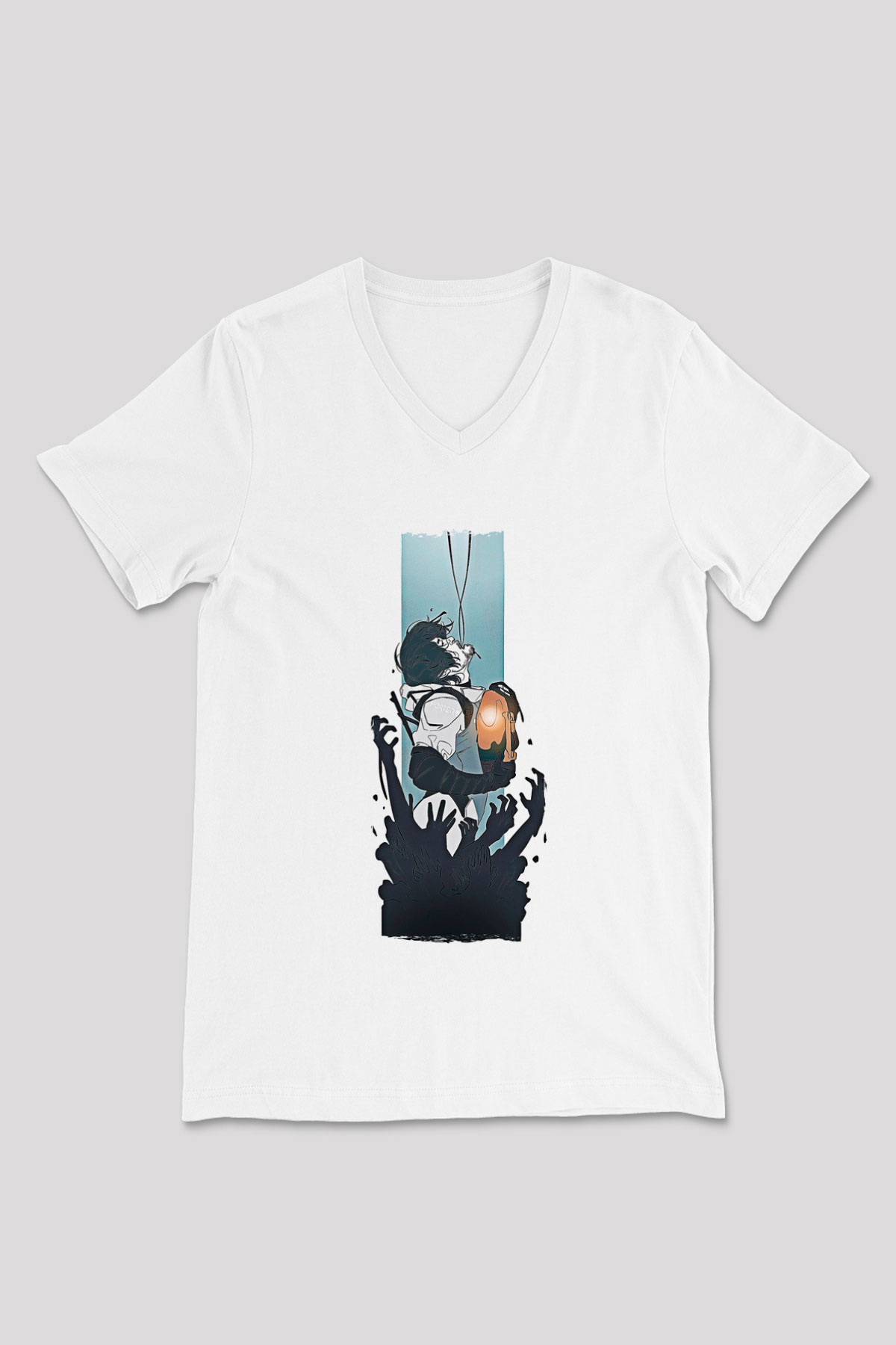 Death Stranding Baskılı Beyaz Unisex V Yaka Tişört - Tshirt