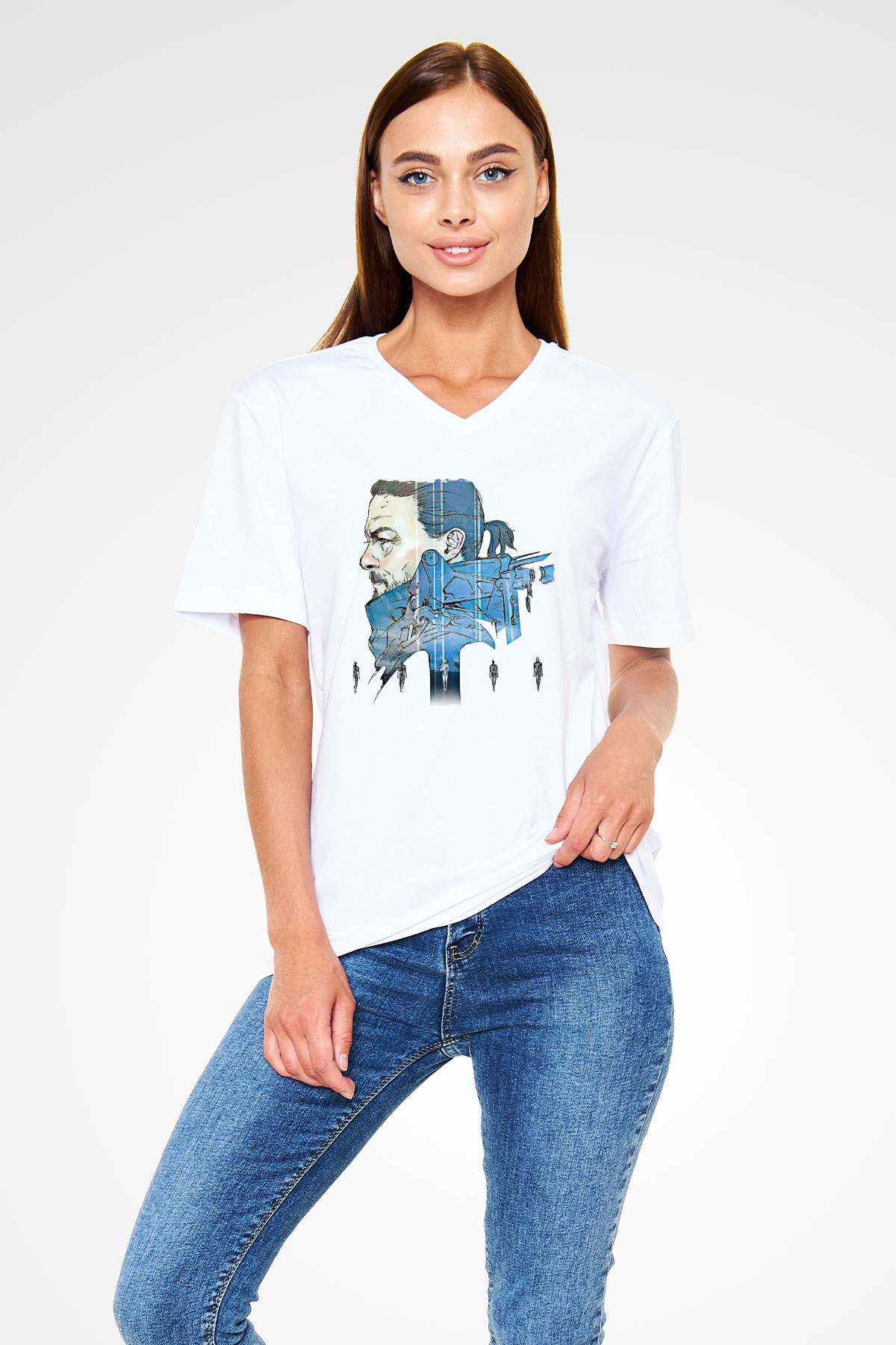 Death Stranding Baskılı Beyaz Unisex V Yaka Tişört - Tshirt