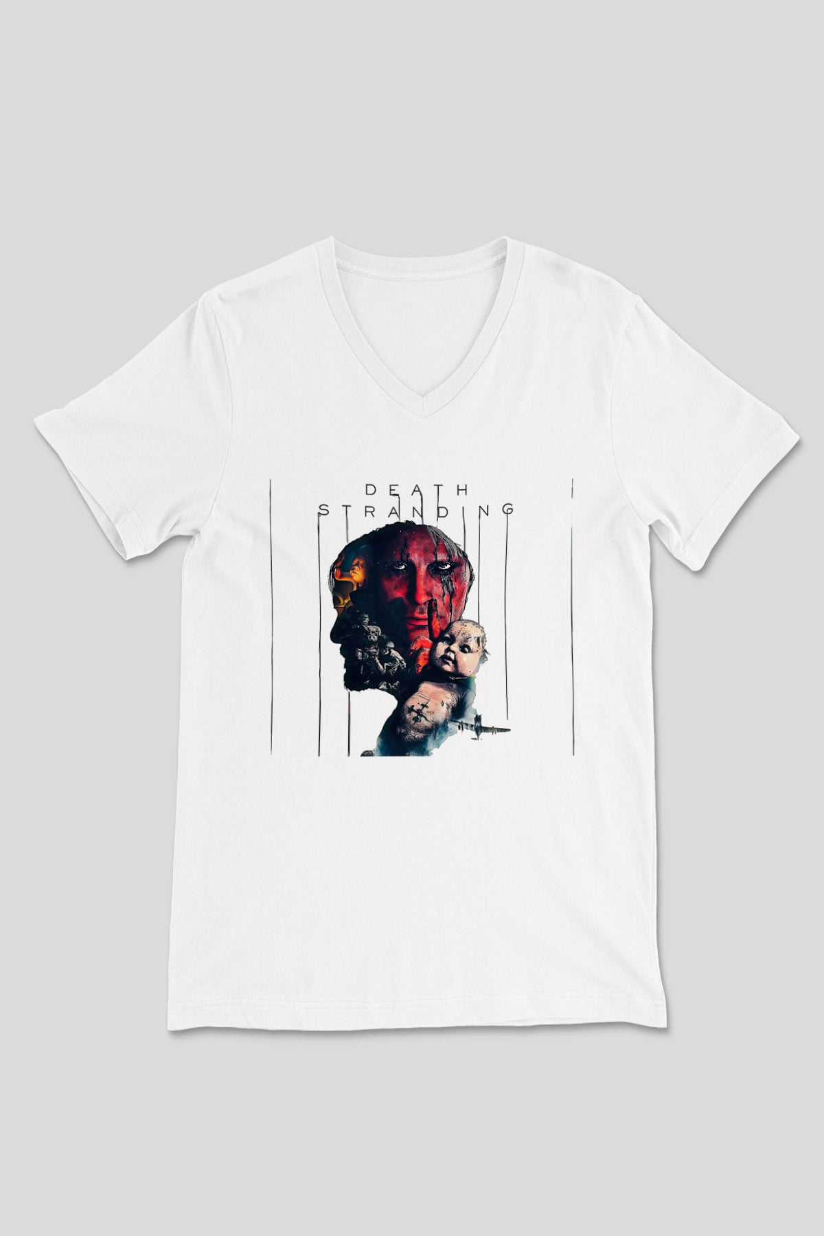 Death Stranding Baskılı Beyaz Unisex V Yaka Tişört - Tshirt