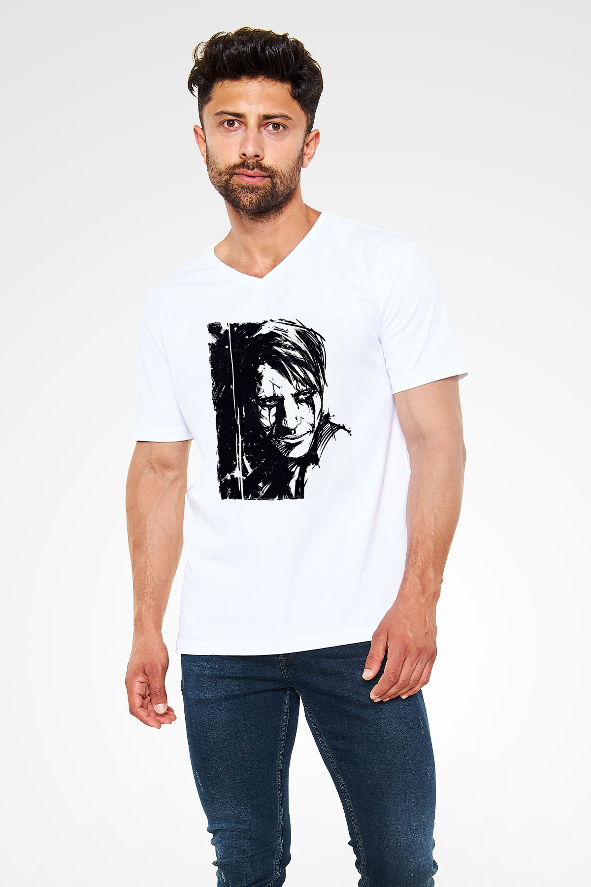 Death Stranding Baskılı Beyaz Unisex V Yaka Tişört - Tshirt