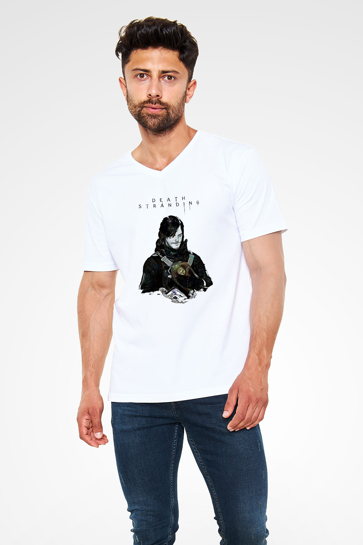 Death Stranding Baskılı Beyaz Unisex V Yaka Tişört - Tshirt