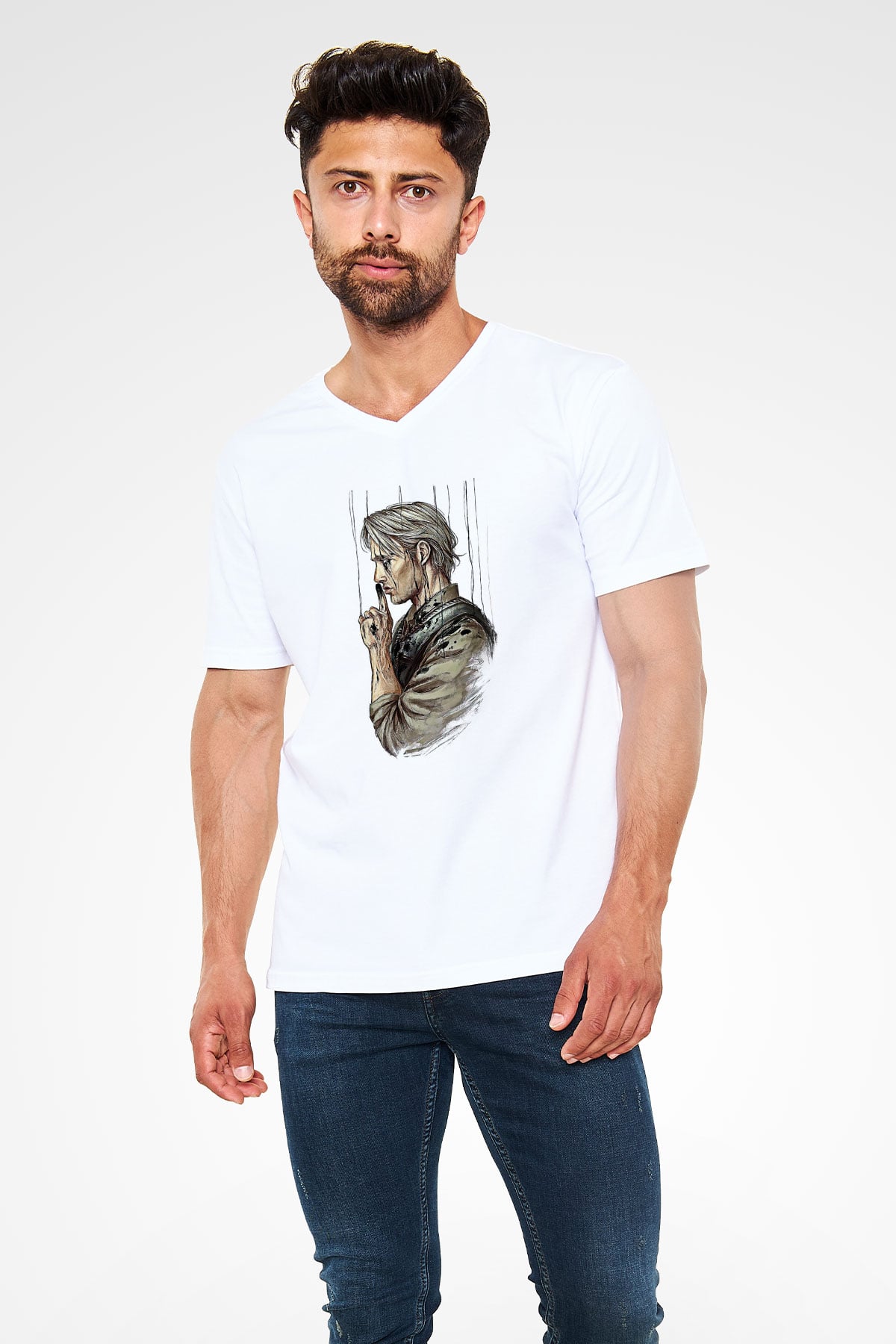 Death Stranding Baskılı Beyaz Unisex V Yaka Tişört - Tshirt