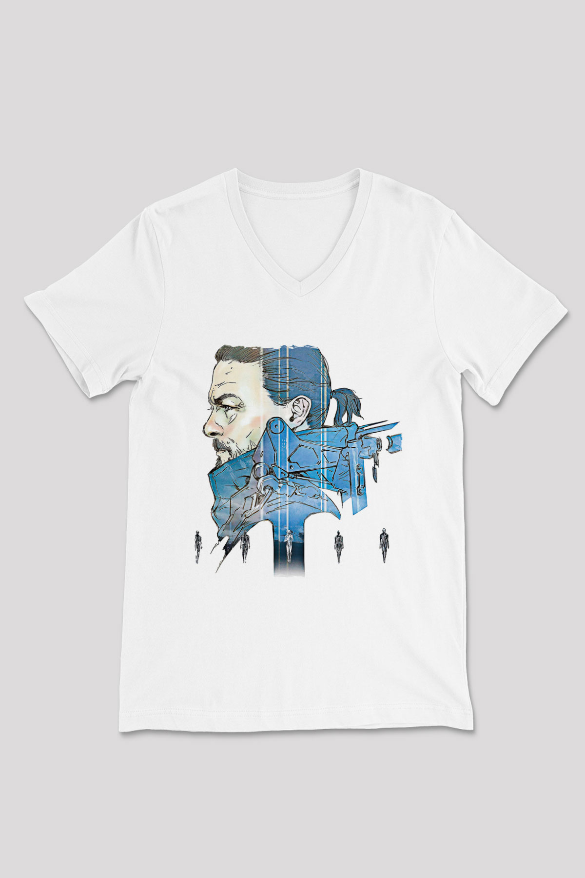 Death Stranding Baskılı Beyaz Unisex V Yaka Tişört - Tshirt
