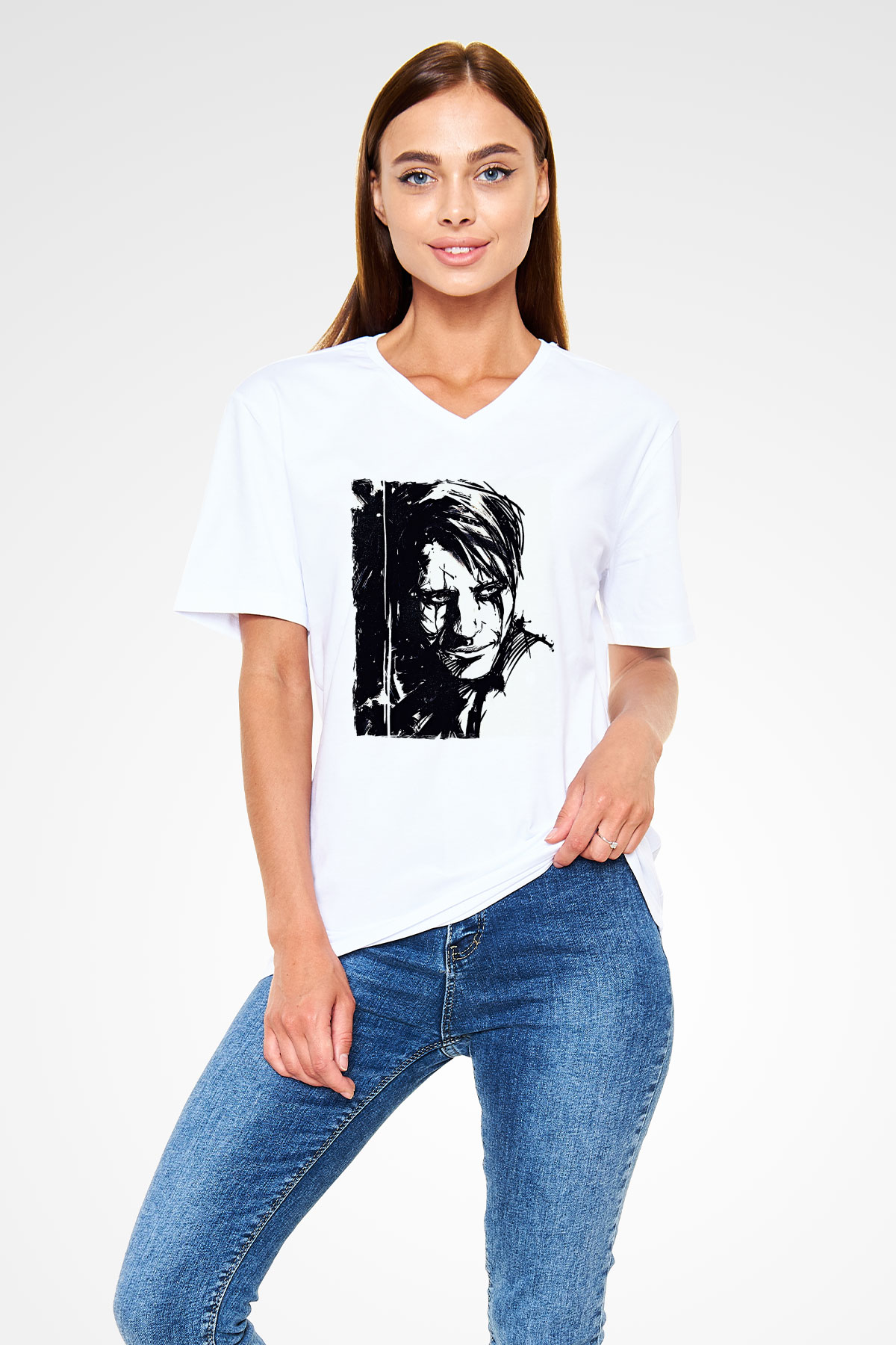 Death Stranding Baskılı Beyaz Unisex V Yaka Tişört - Tshirt