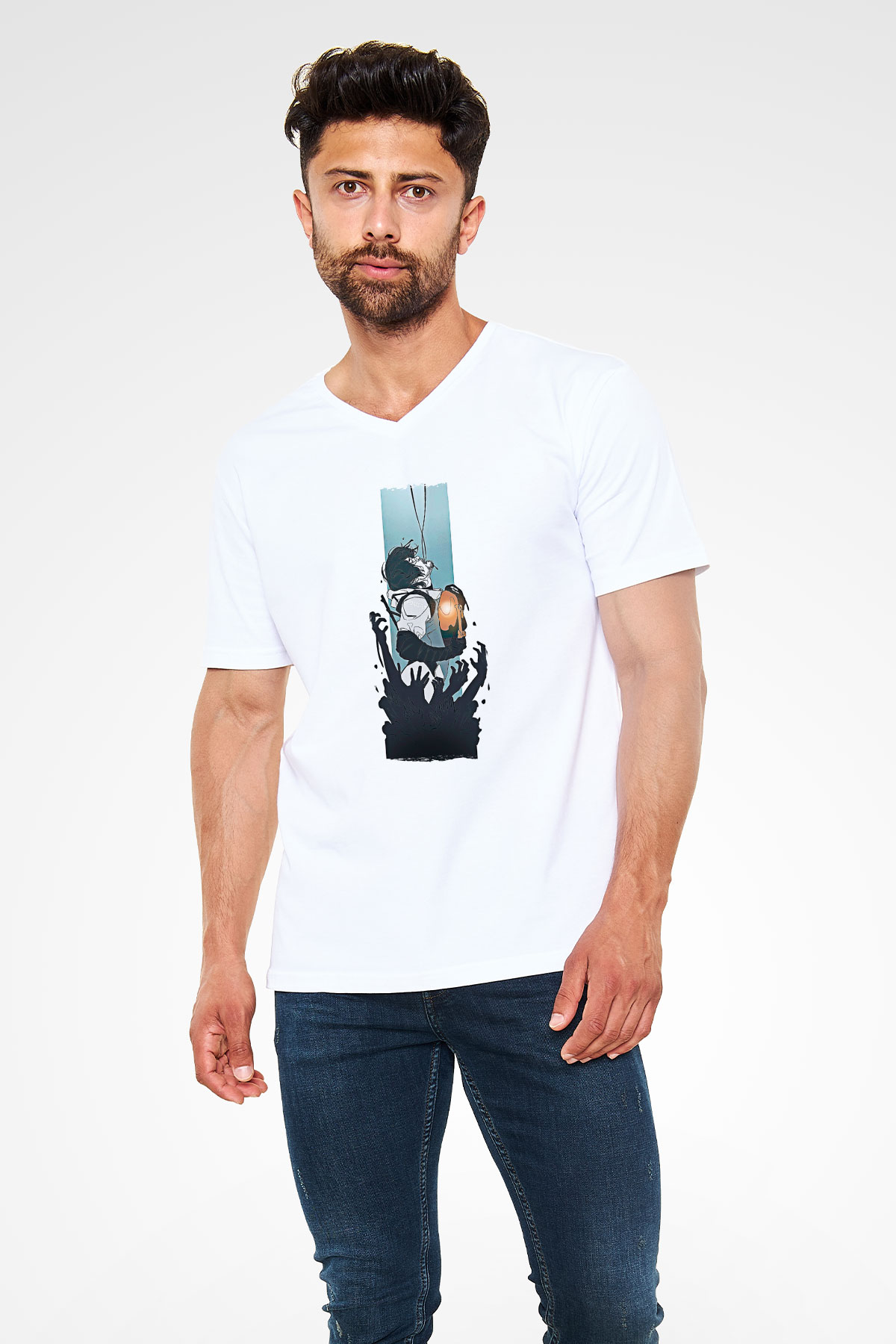 Death Stranding Baskılı Beyaz Unisex V Yaka Tişört - Tshirt