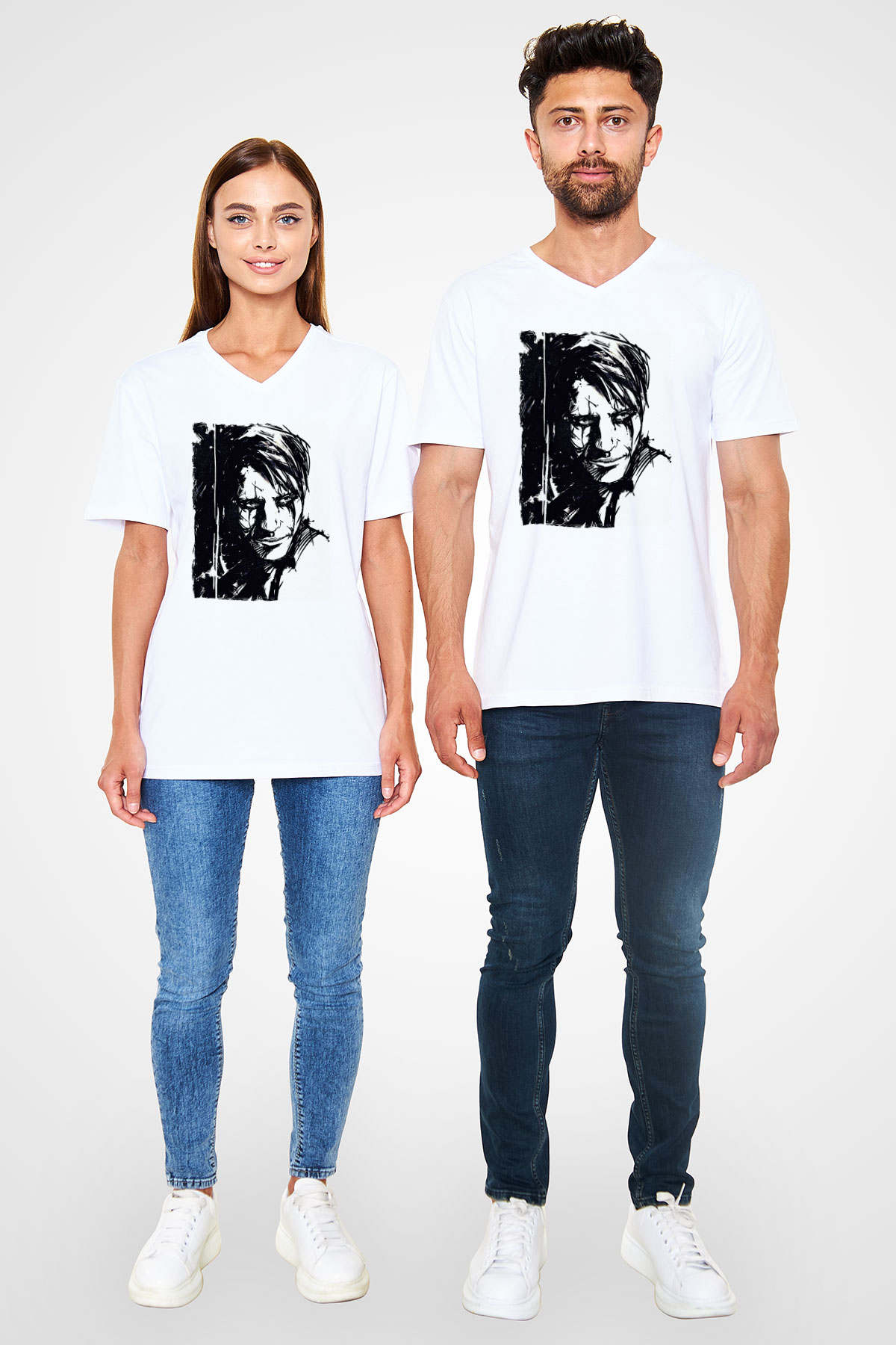 Death Stranding Baskılı Beyaz Unisex V Yaka Tişört - Tshirt