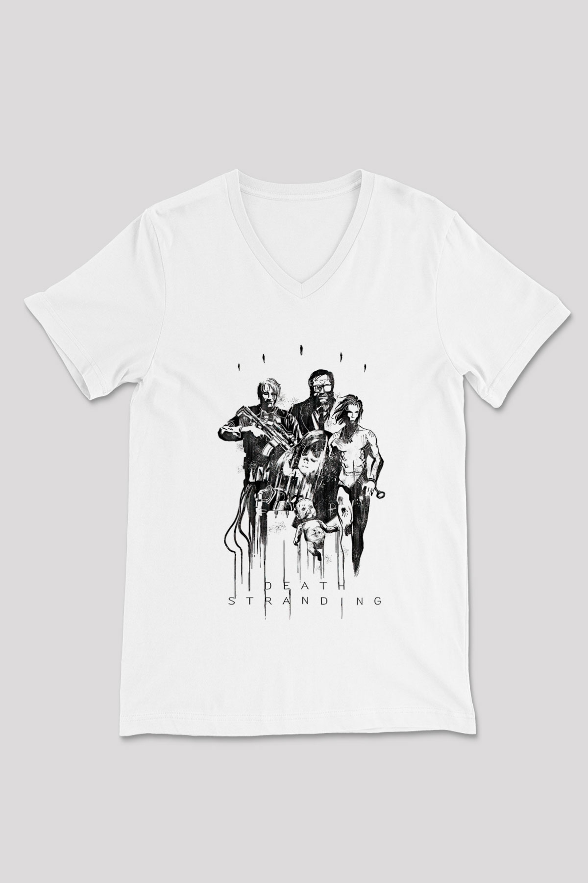 Death Stranding Baskılı Beyaz Unisex V Yaka Tişört - Tshirt