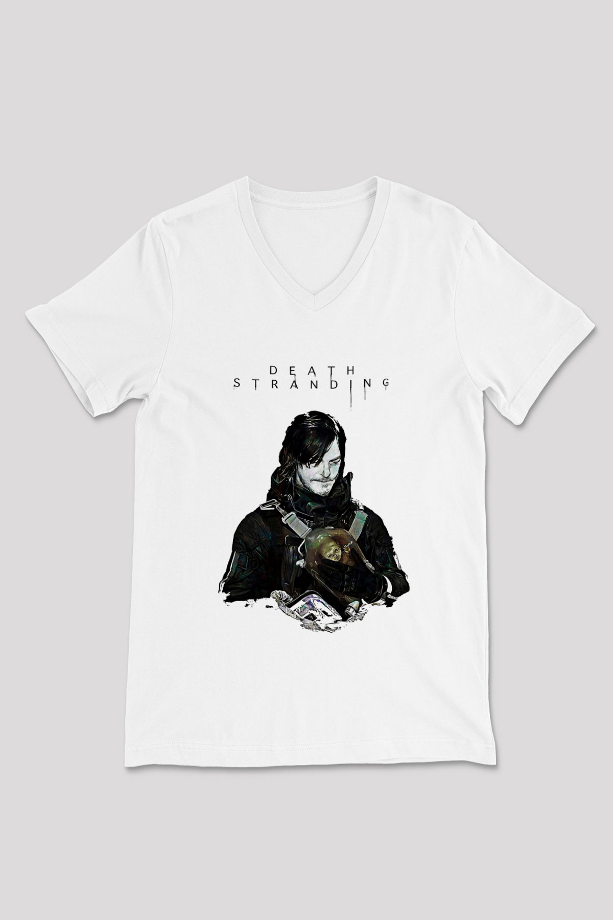 Death Stranding Baskılı Beyaz Unisex V Yaka Tişört - Tshirt
