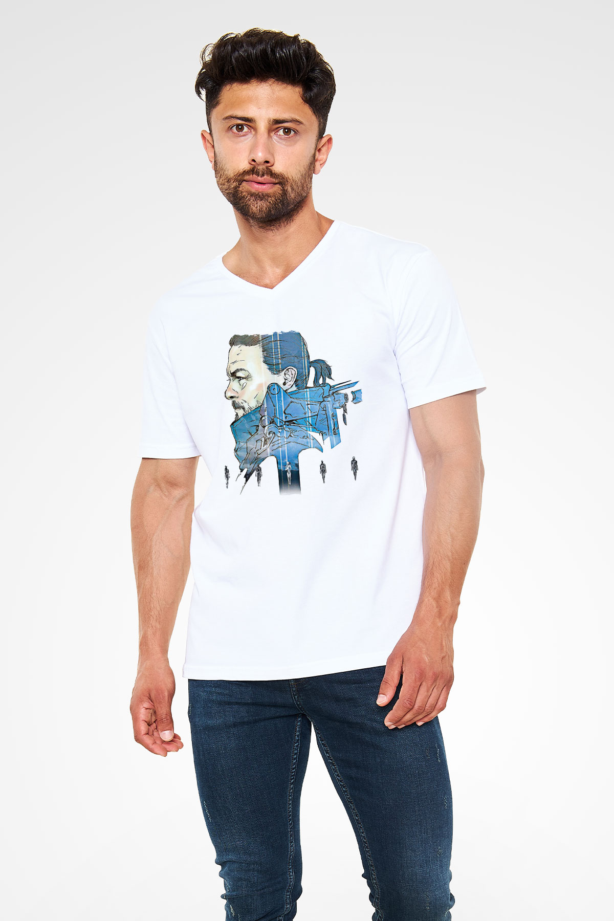 Death Stranding Baskılı Beyaz Unisex V Yaka Tişört - Tshirt