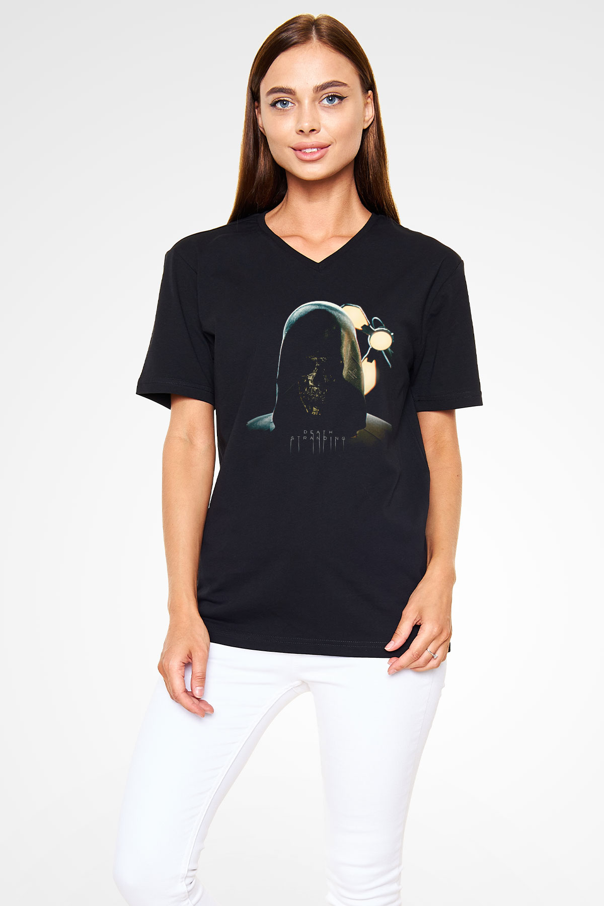 Death Stranding Baskılı Unisex Siyah V Yaka Tişört - Tshirt
