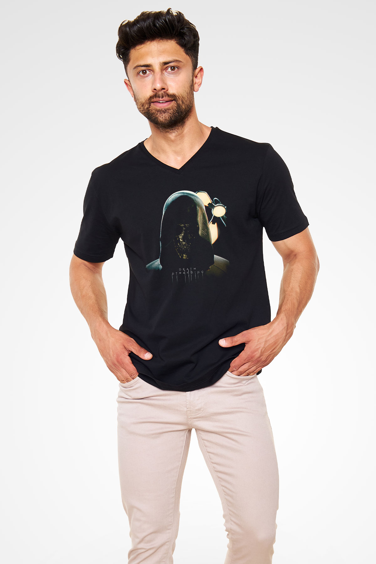 Death Stranding Baskılı Unisex Siyah V Yaka Tişört - Tshirt