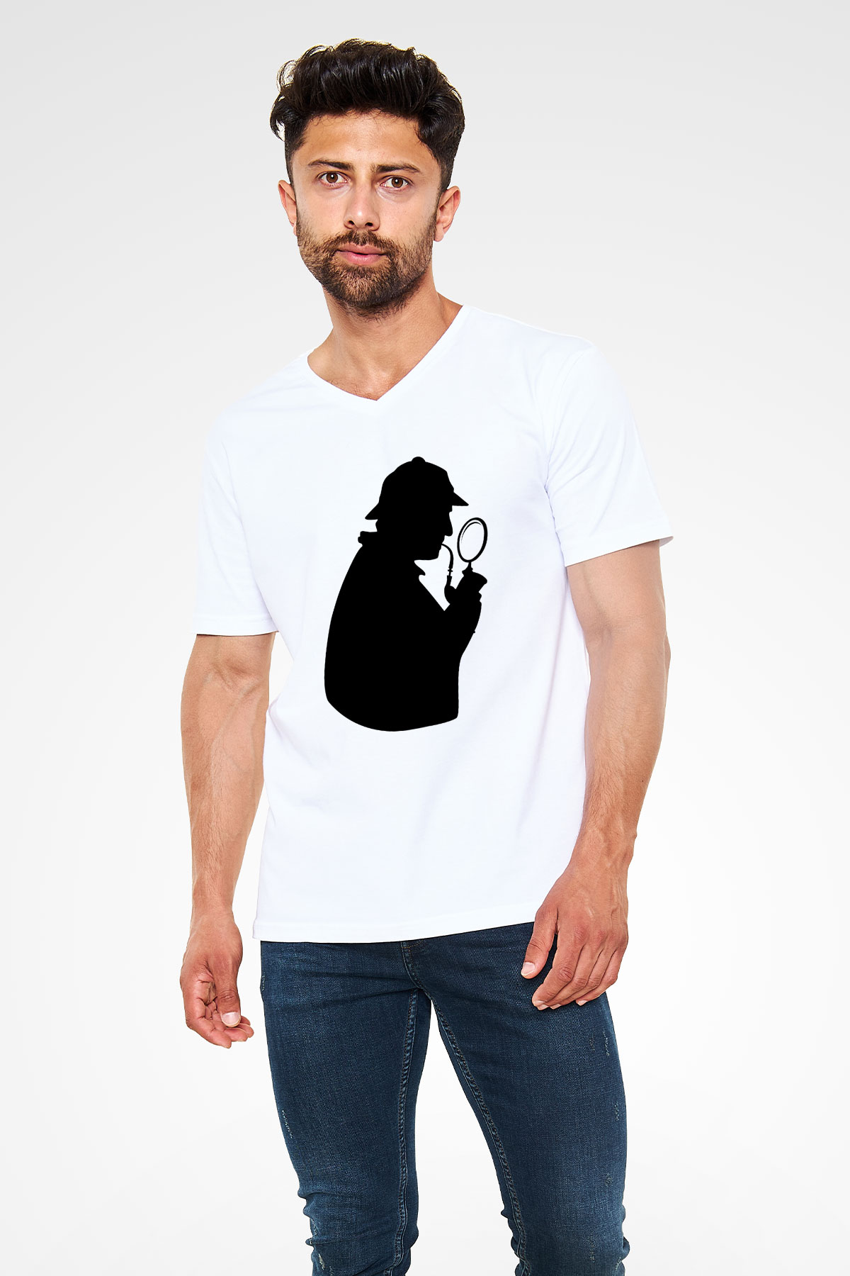 Dedektif Beyaz Unisex V Yaka Tişört T-Shirt