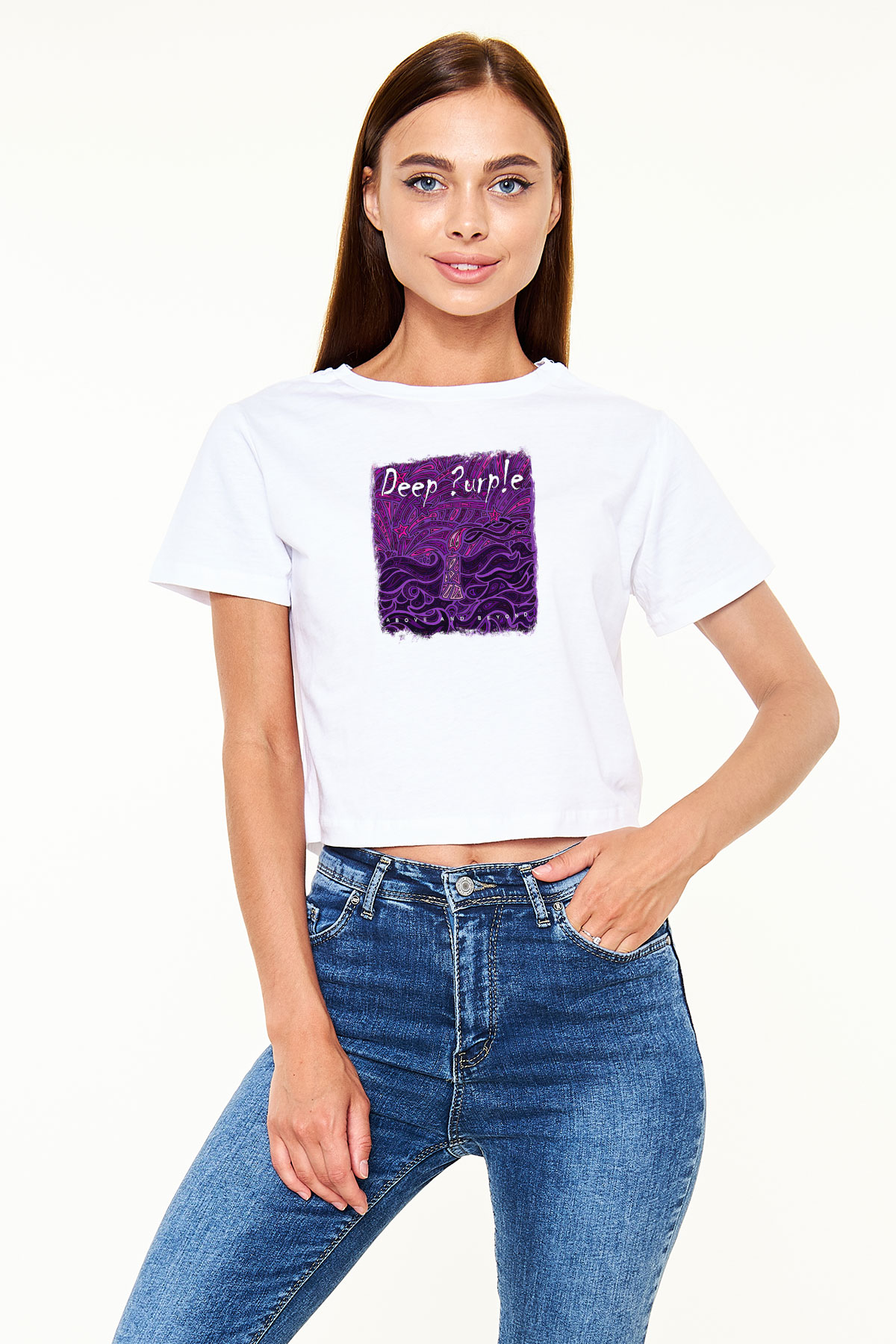 Deep Purple Baskılı Unisex Beyaz Crop Top Tişört