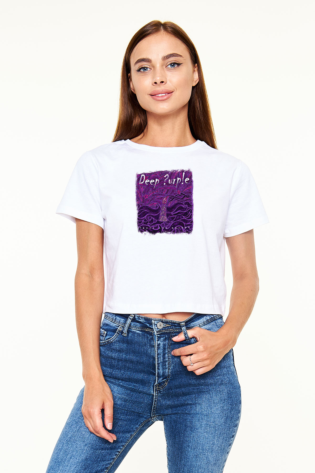Deep Purple Baskılı Unisex Beyaz Crop Top Tişört