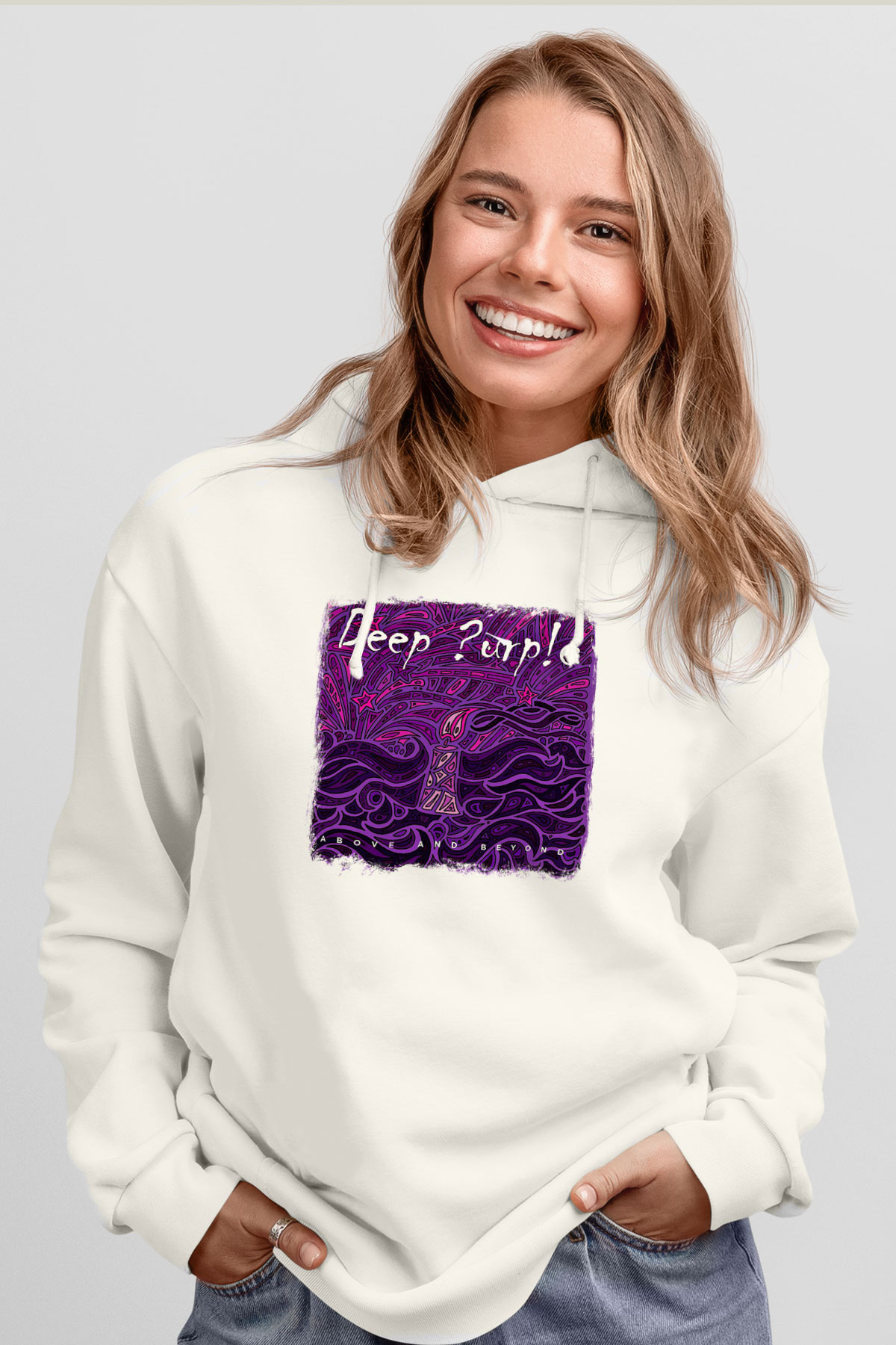Deep Purple Baskılı Unisex Beyaz Hoodie