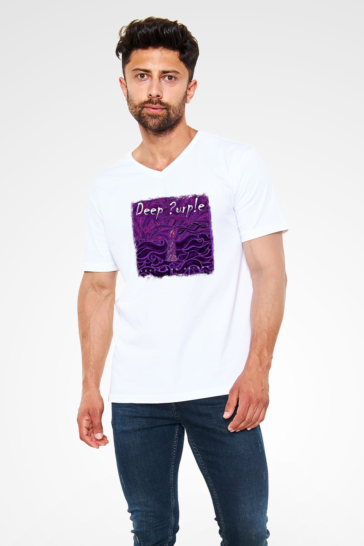 Deep Purple Baskılı Unisex Beyaz V Yaka Tişört