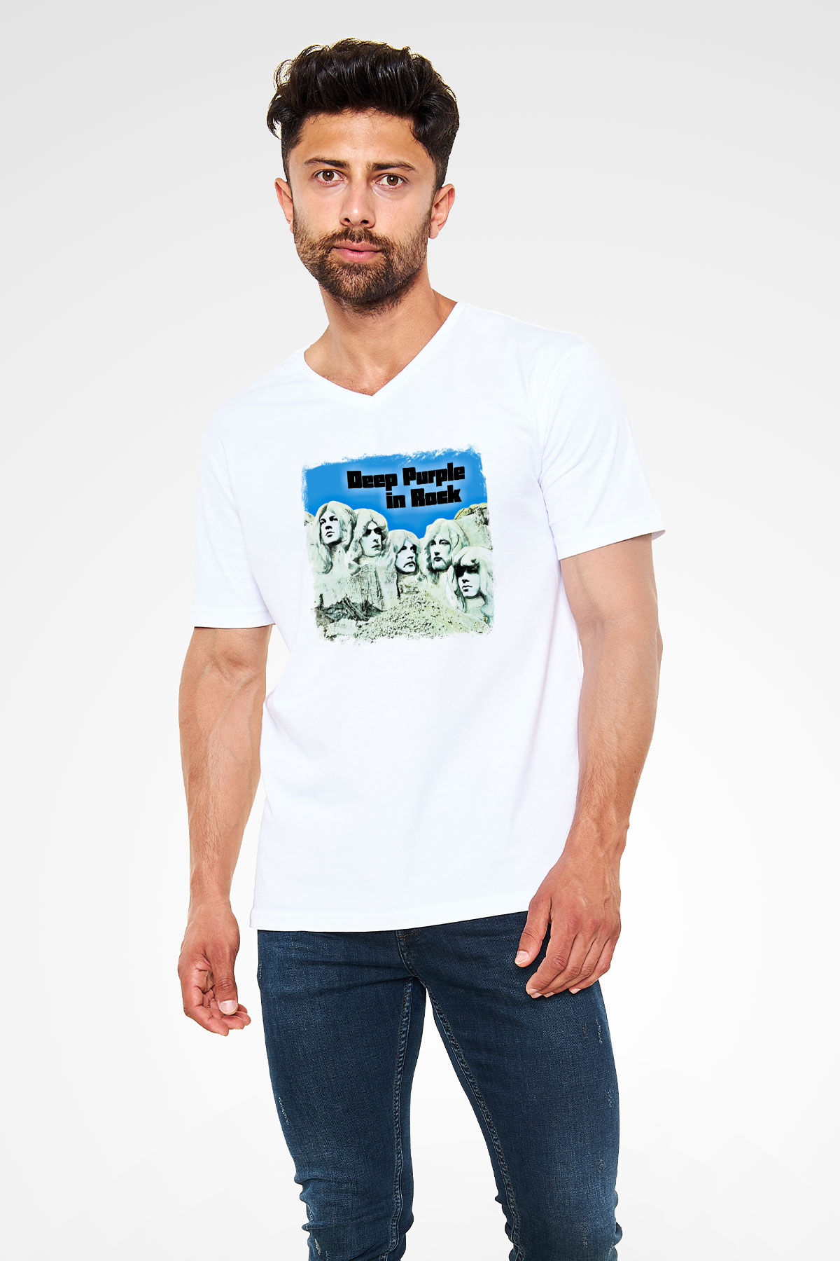 Deep Purple Baskılı Unisex Beyaz V Yaka Tişört
