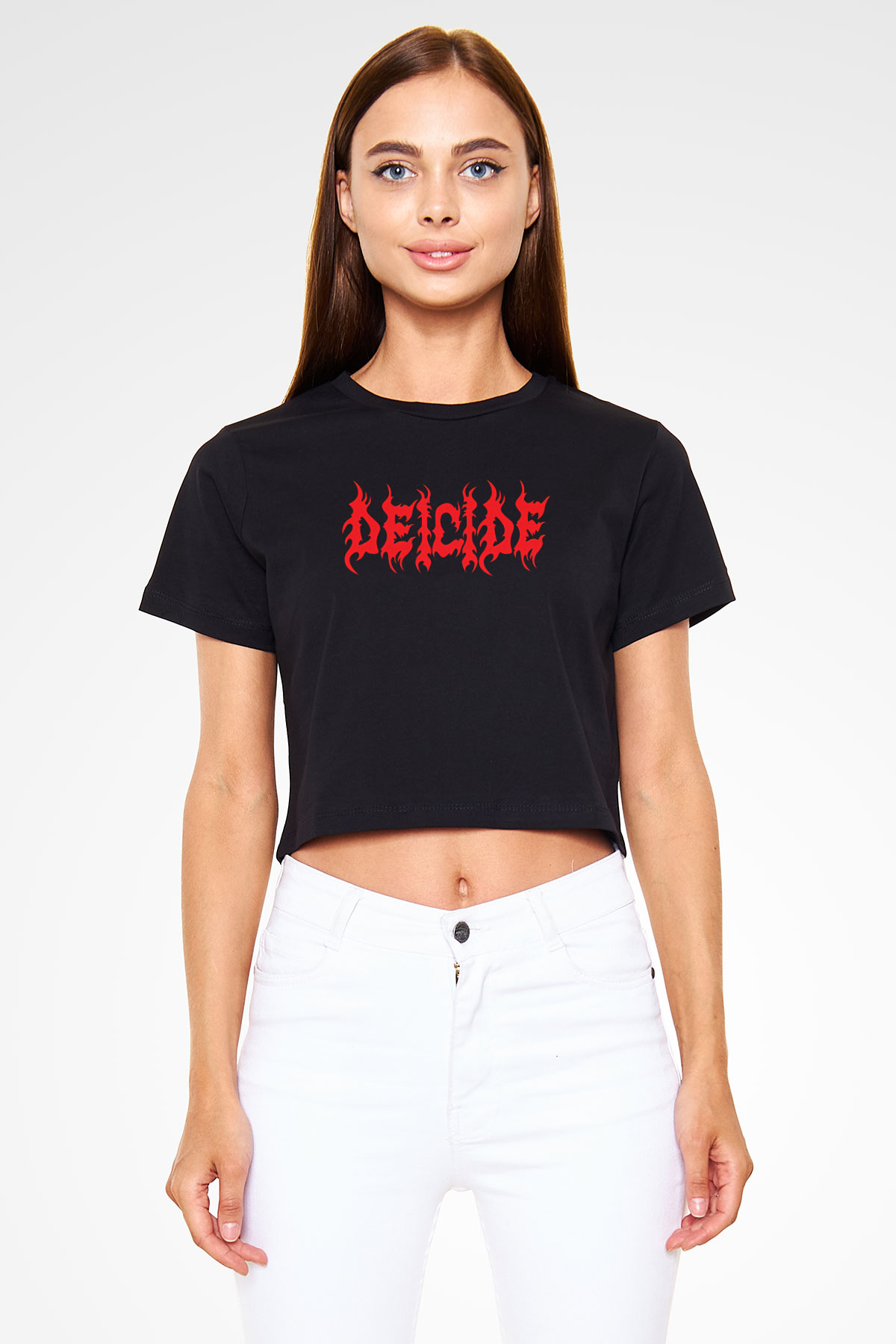 Deicide Baskılı Siyah Crop Top Kadın Tişört - Tshirt