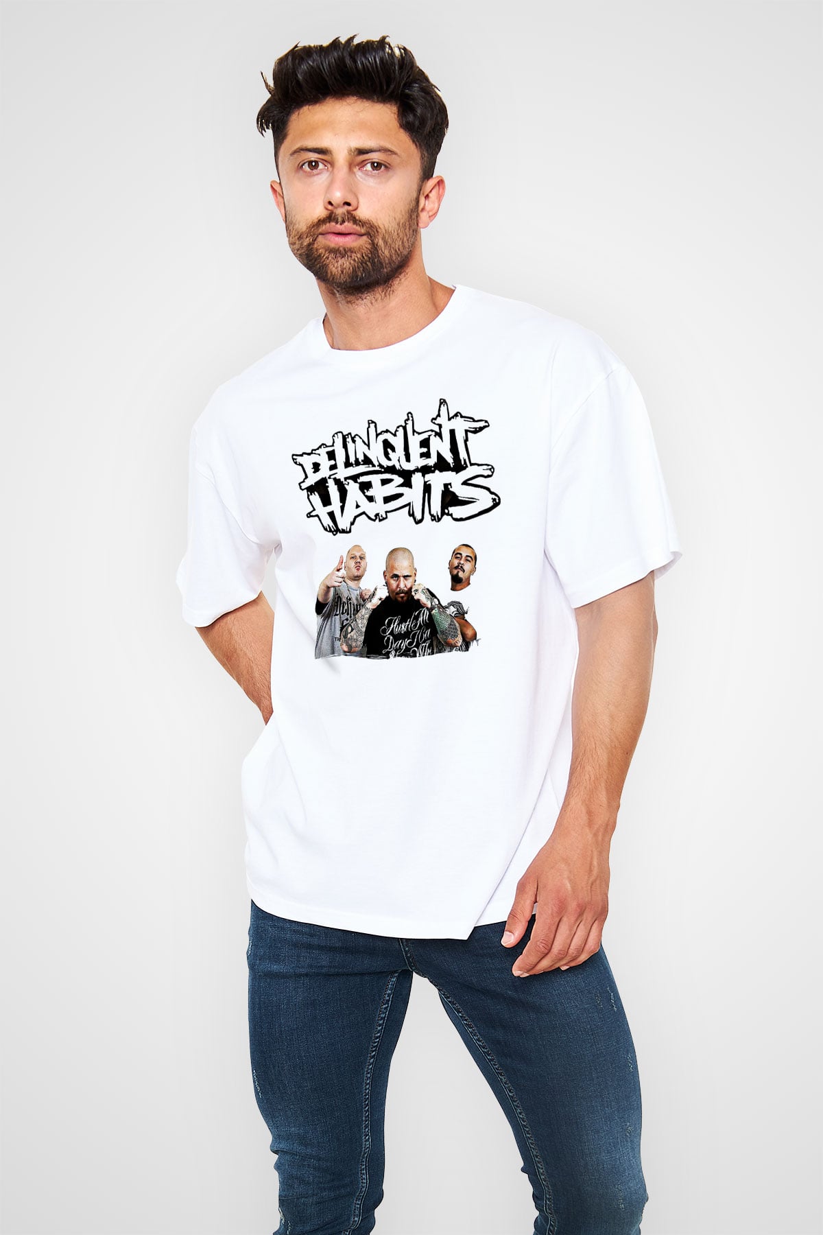 Delinquent Habits Baskılı Beyaz Unisex Oversize Tişört - Tshirt