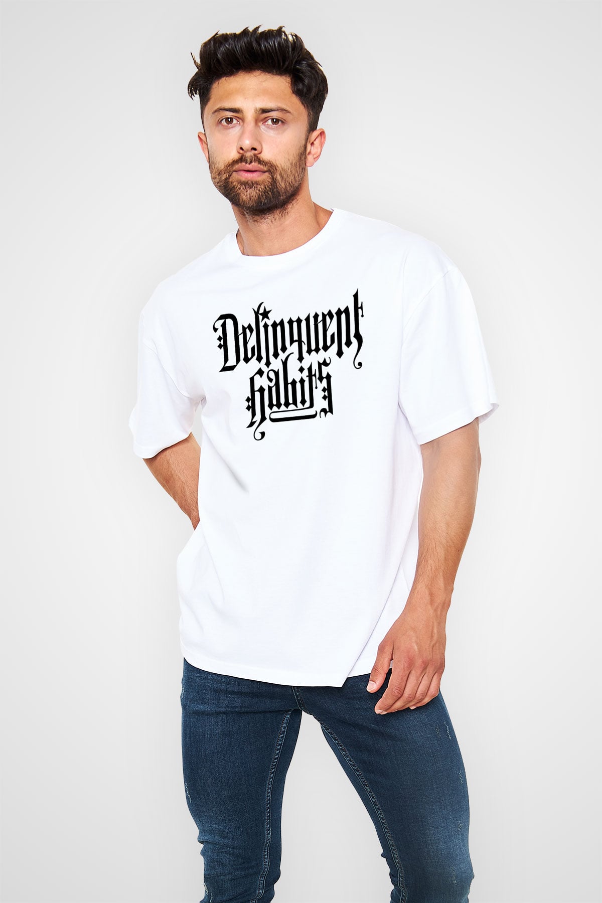 Delinquent Habits Baskılı Beyaz Unisex Oversize Tişört - Tshirt