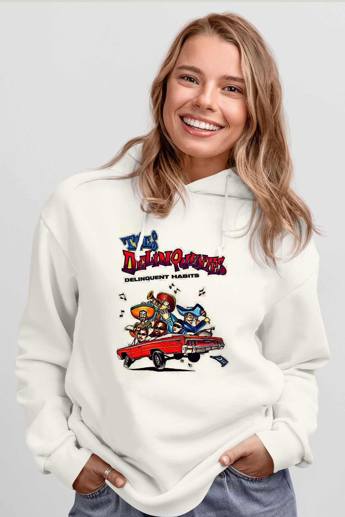 Delinquent Habits Baskılı Beyaz Unisex Kapüşonlu Sweatshirt