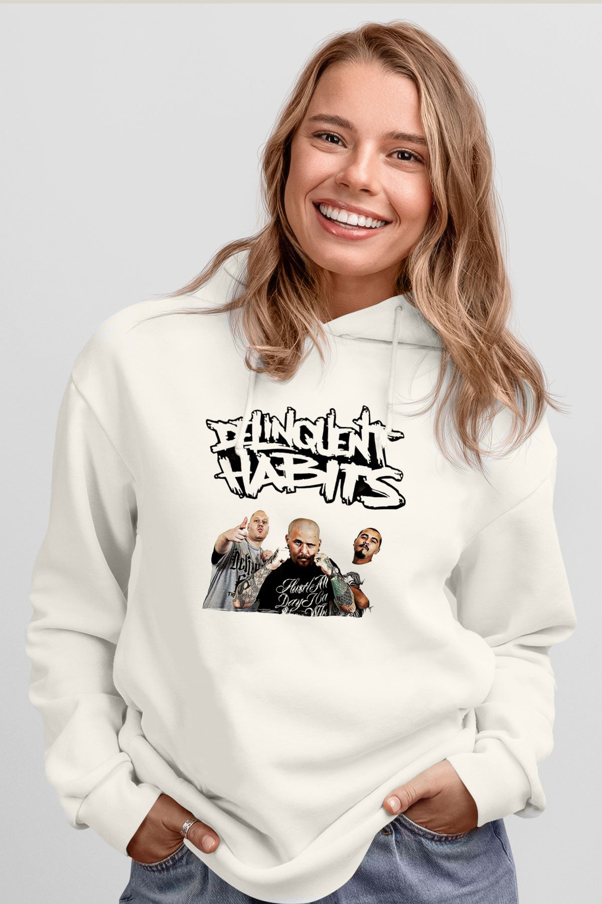 Delinquent Habits Baskılı Beyaz Unisex Kapüşonlu Sweatshirt