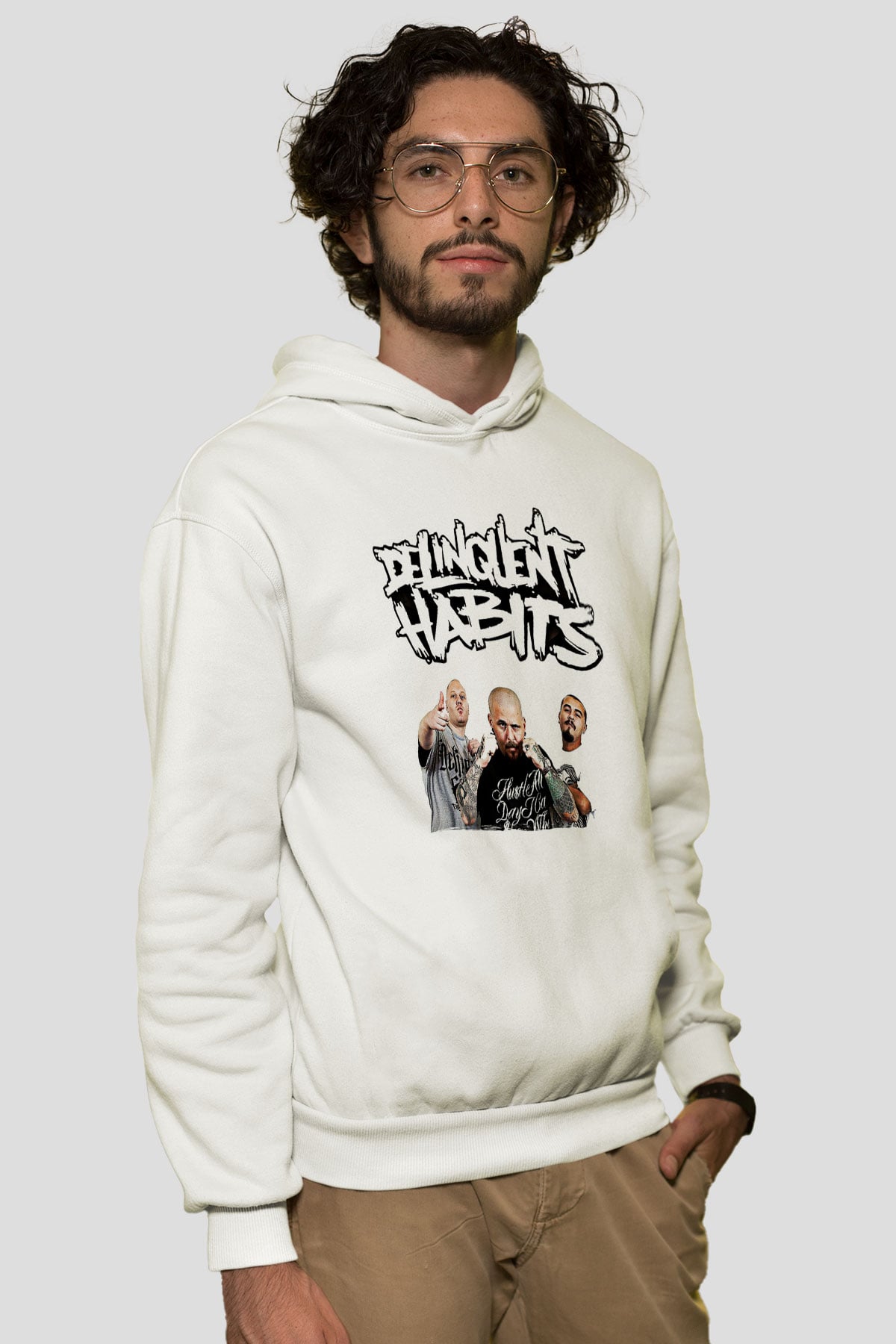 Delinquent Habits Baskılı Beyaz Unisex Kapüşonlu Sweatshirt