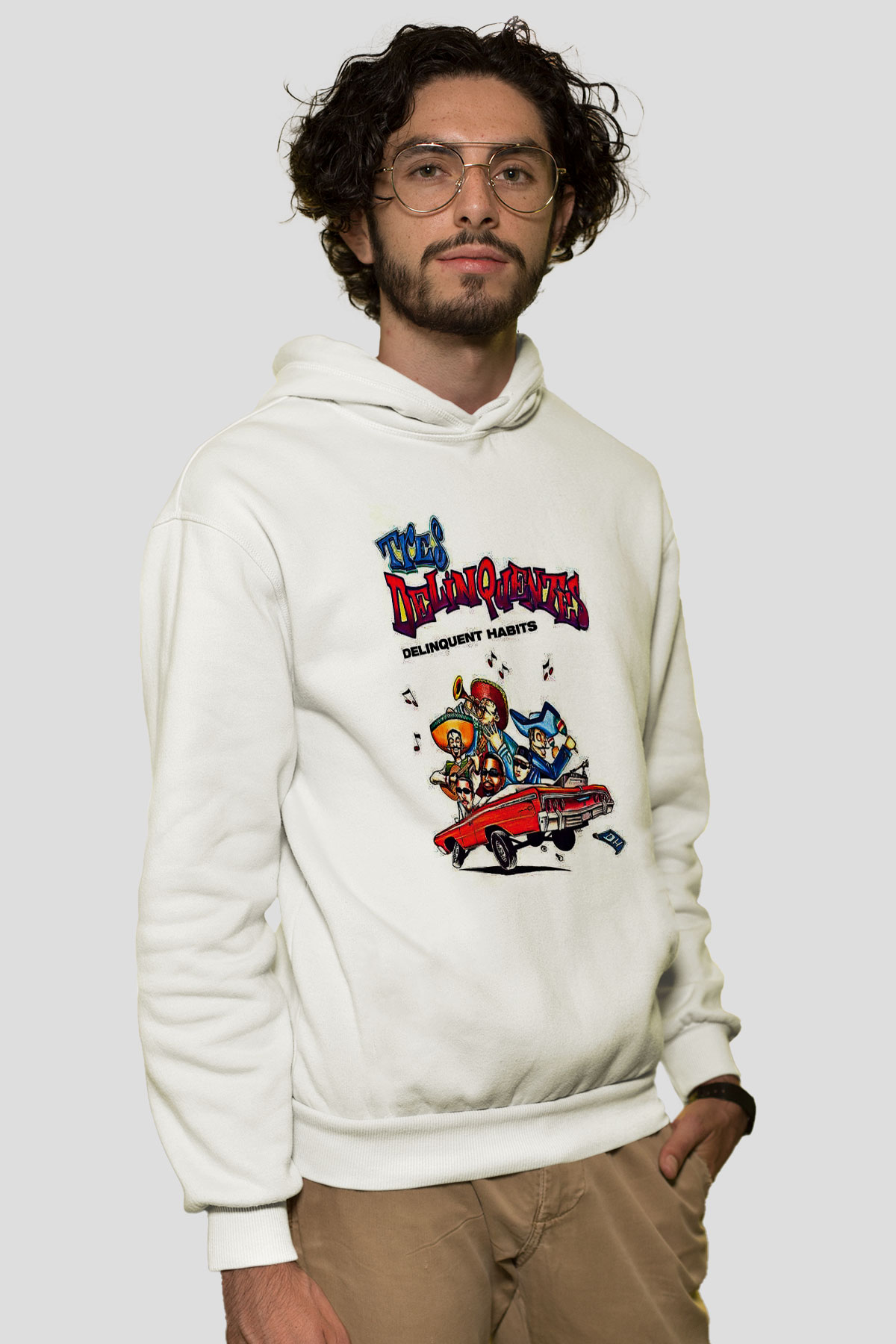 Delinquent Habits Baskılı Beyaz Unisex Kapüşonlu Sweatshirt
