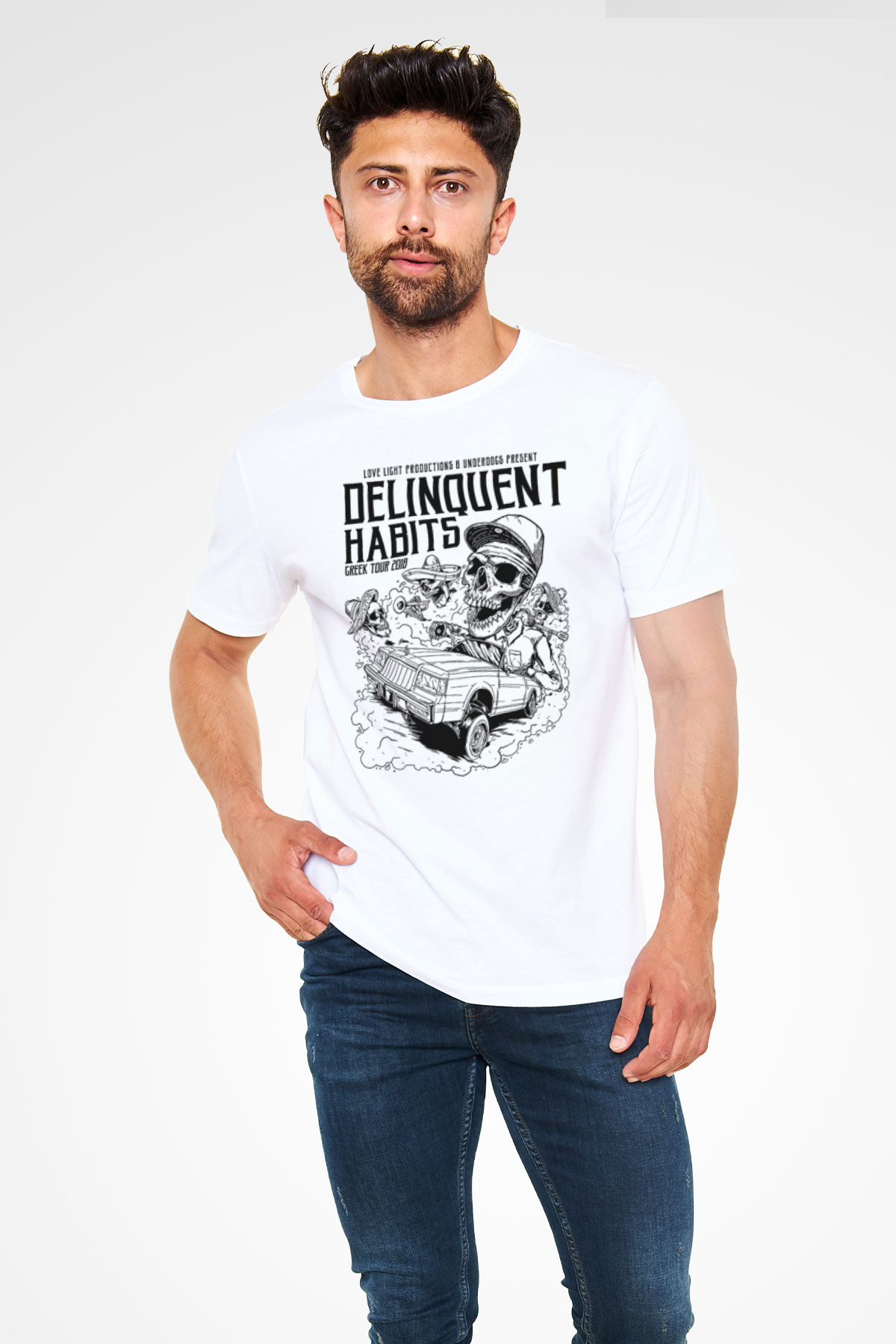 Delinquent Habits Baskılı Unisex Beyaz Tişört - Tshirt