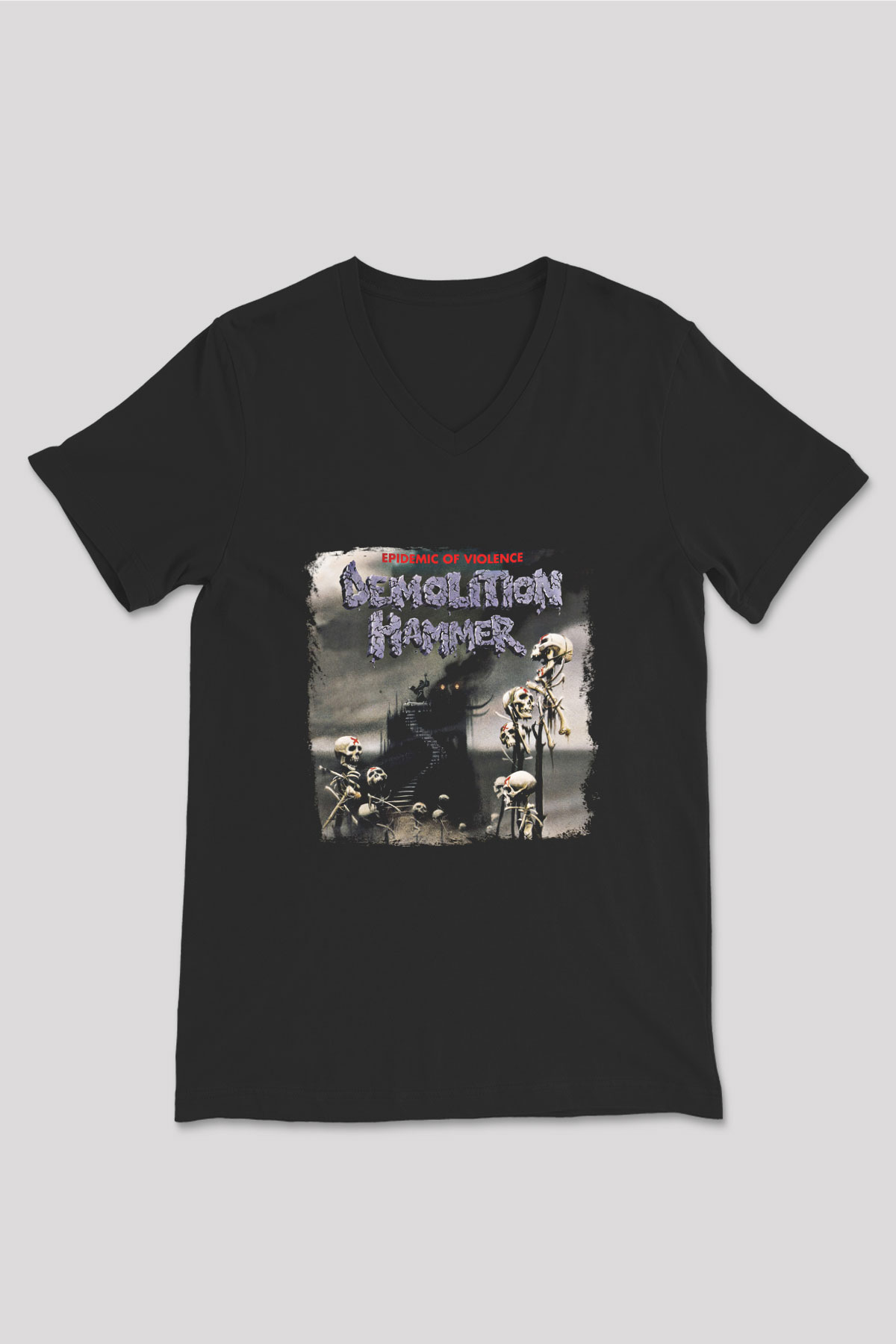 Demolition Hammer Baskılı Unisex Siyah V Yaka Tişört