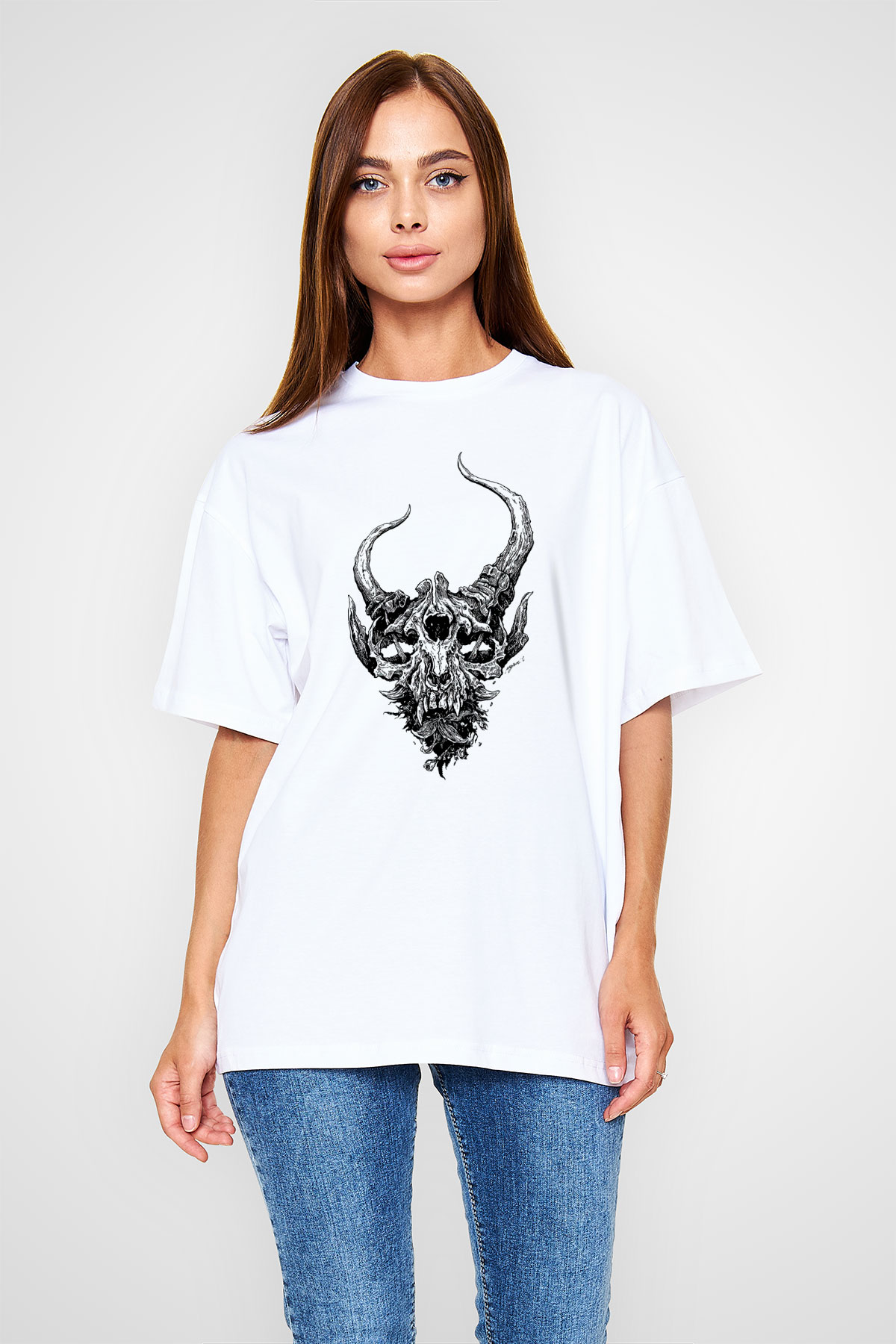 Demon Hunter Baskılı Beyaz Unisex Oversize Tişört - Tshirt