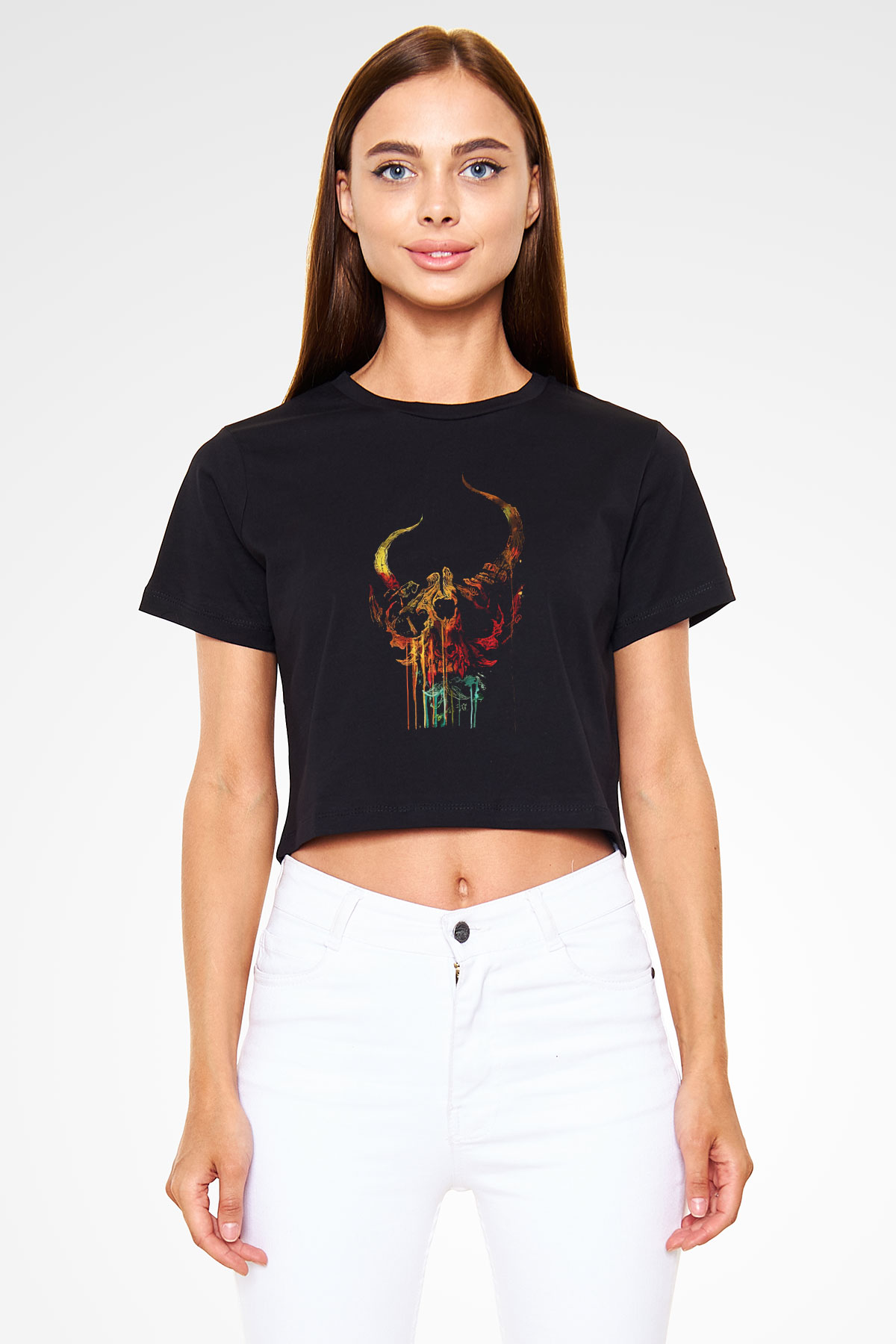 Demon Hunter Baskılı Siyah Crop Top Kadın Tişört - Tshirt