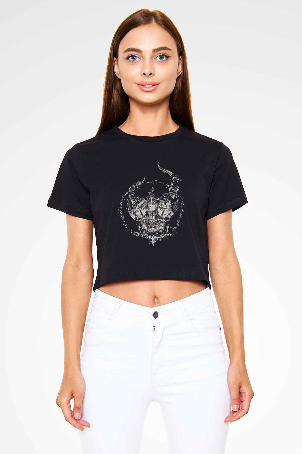 Demon Hunter Baskılı Siyah Crop Top Kadın Tişört - Tshirt