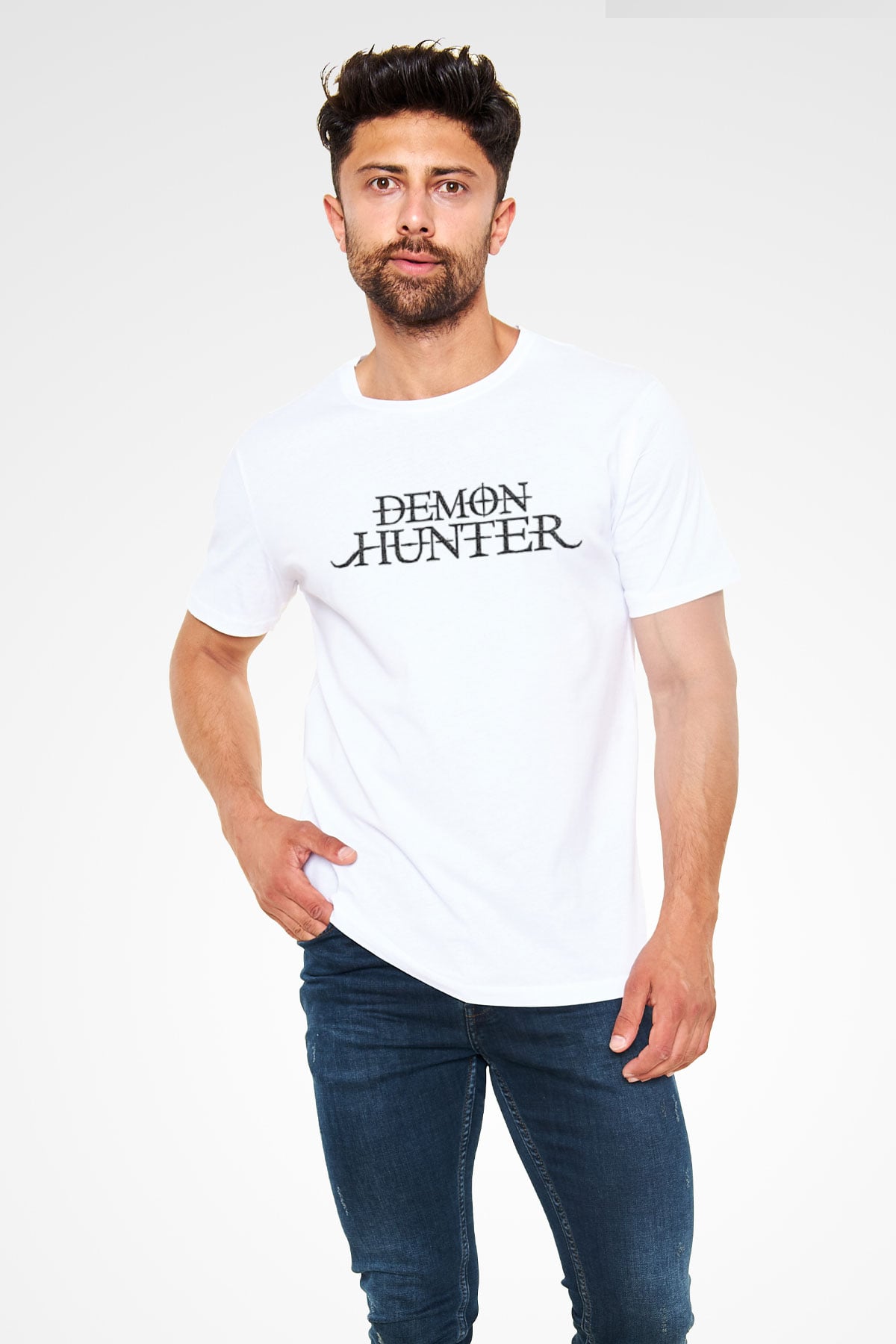 Demon Hunter Baskılı Unisex Beyaz Tişört - Tshirt