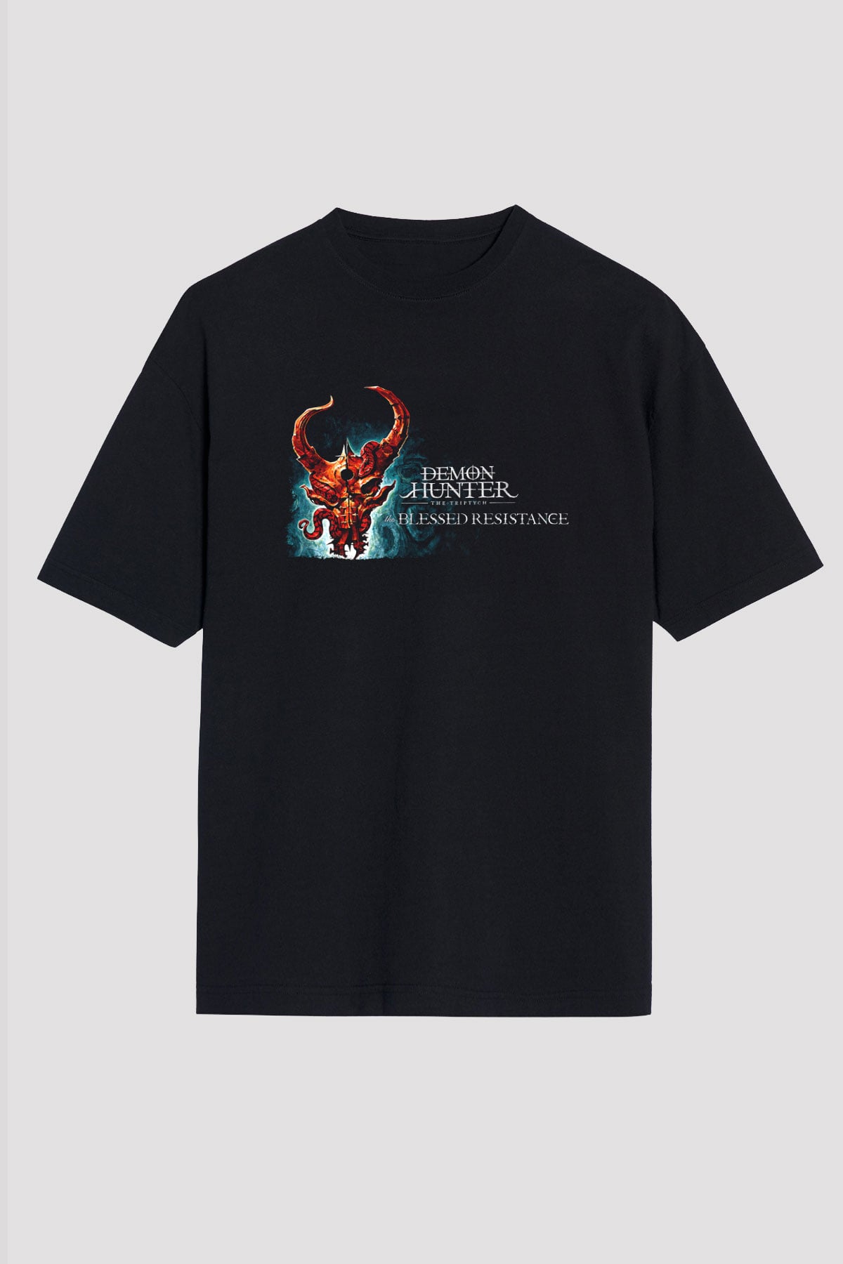Demon Hunter Baskılı Unisex Siyah Oversize Tişört - Tshirt