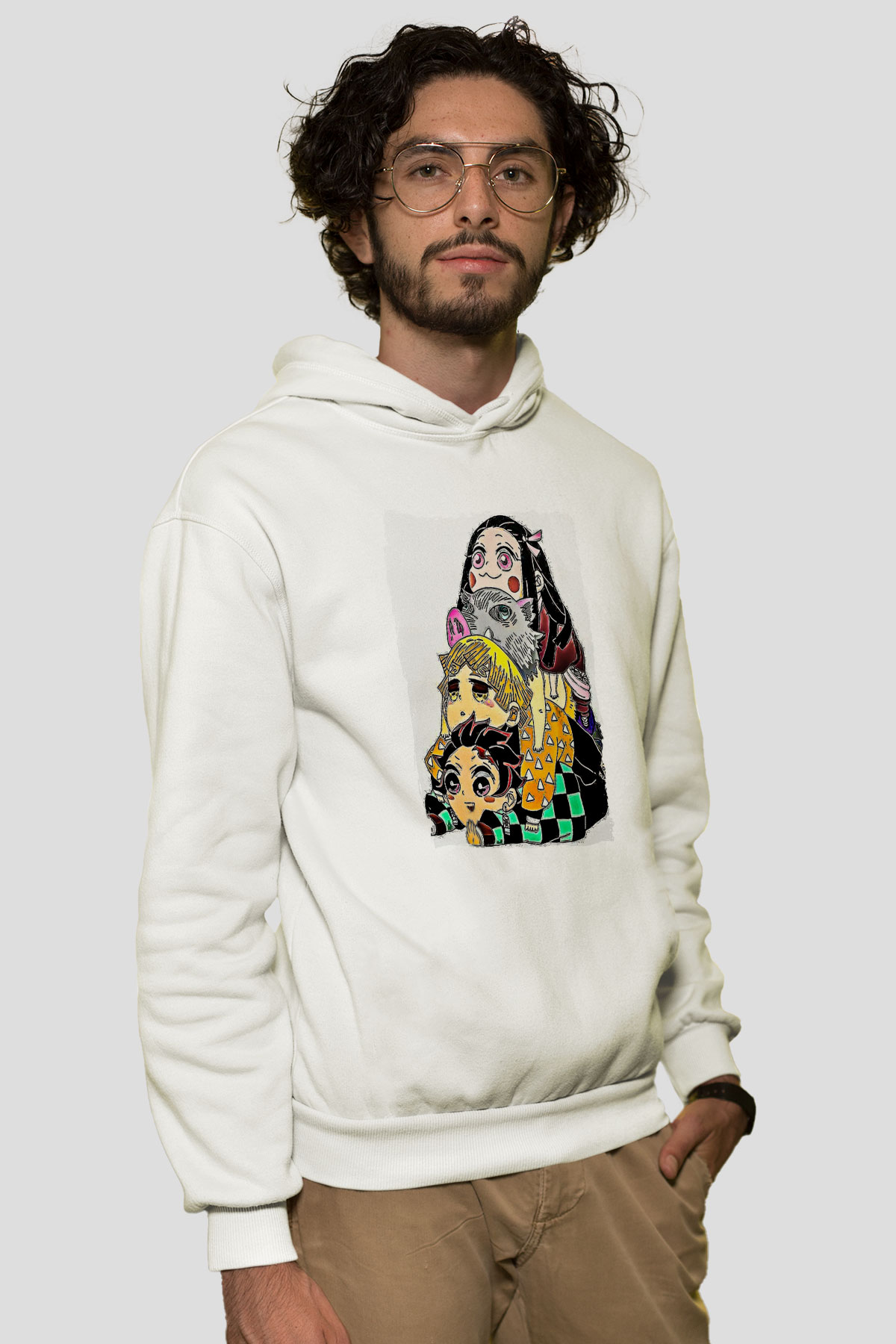 Demon Slayer Baskılı Beyaz Unisex Hoodie
